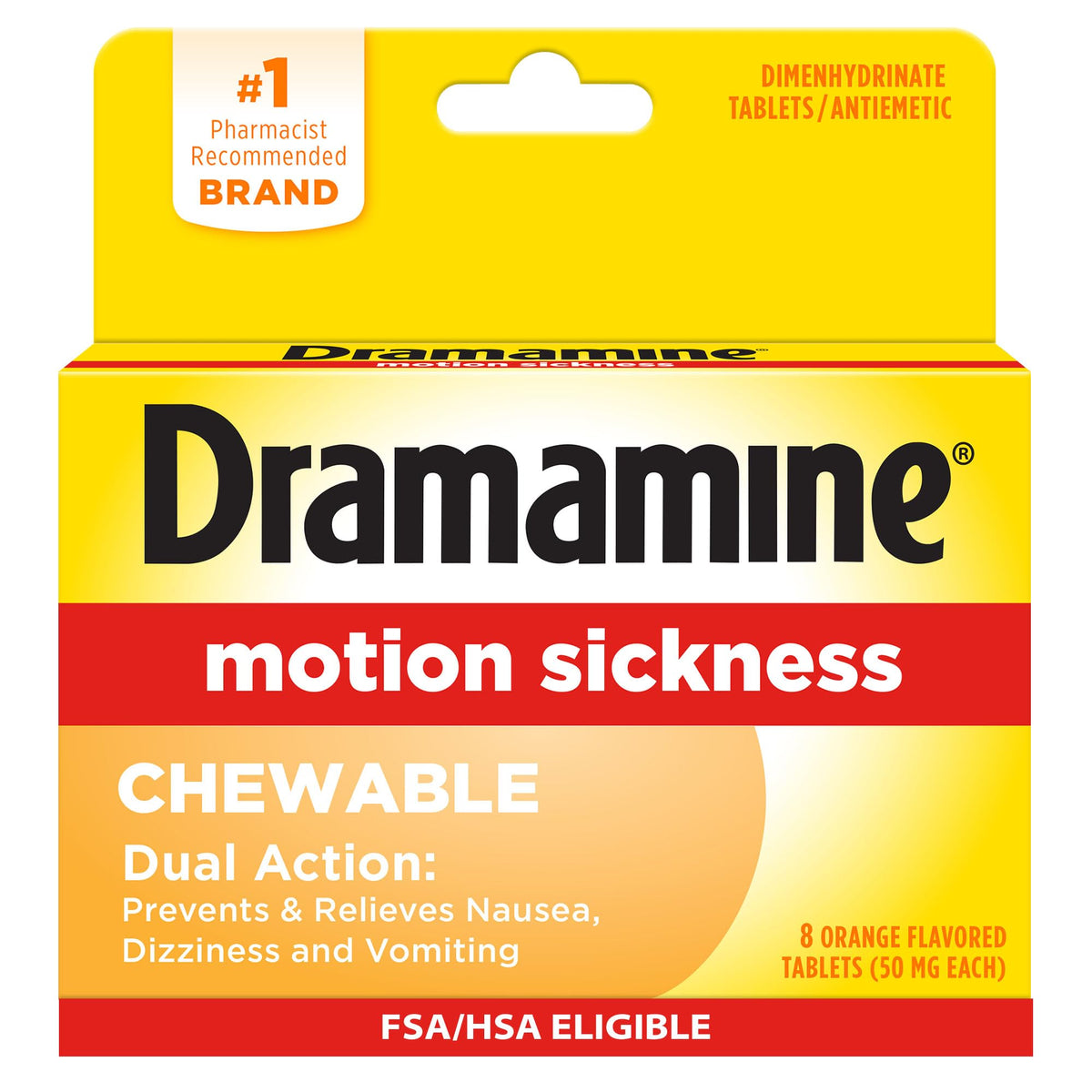Dramamine tabletas masticables naranja 8 unidades para alivio rápido