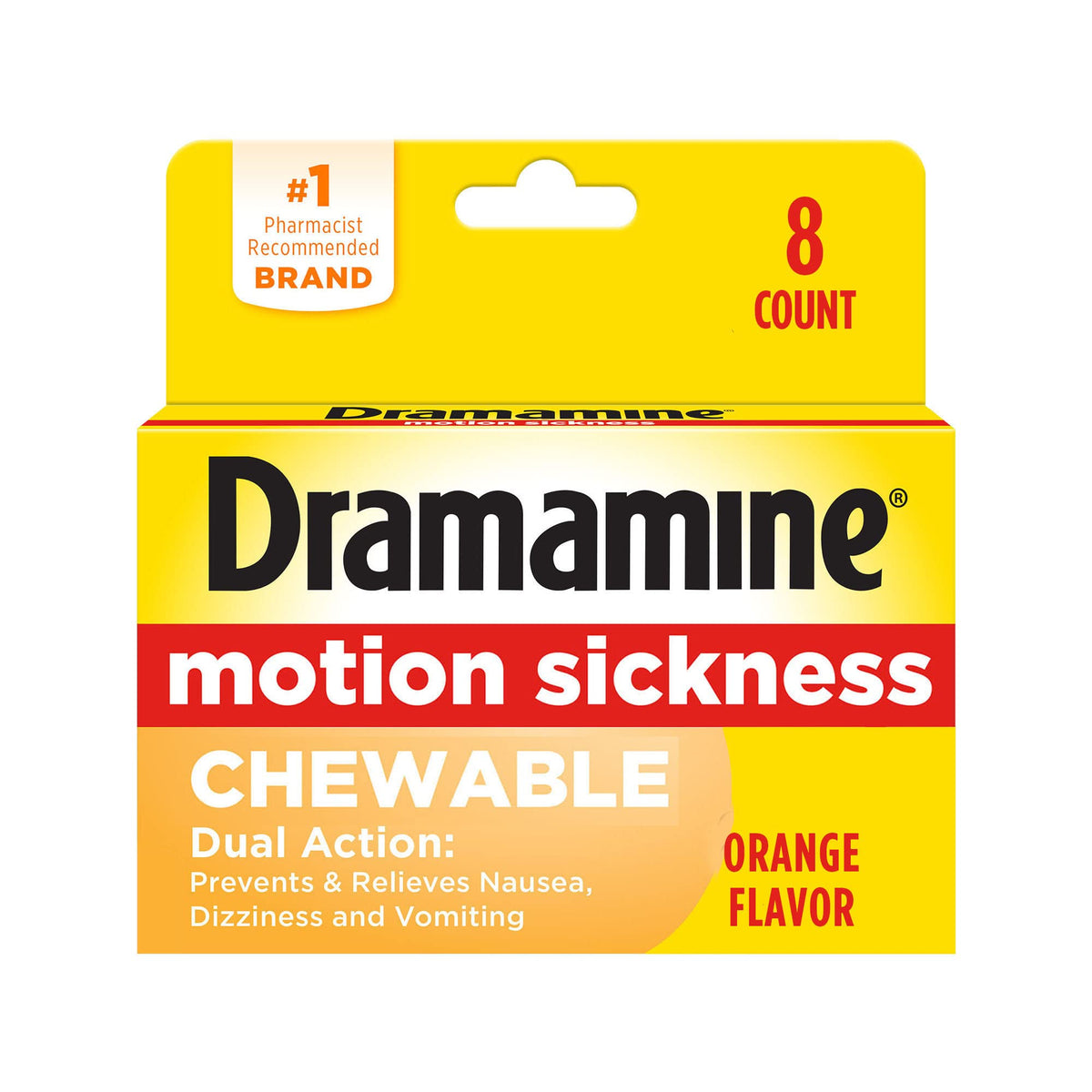 Dramamine masticables sabor naranja ofrecen alivio rápido para el mareo durante viajes.