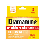 Dramamine masticables sabor naranja ofrecen alivio rápido para el mareo durante viajes.