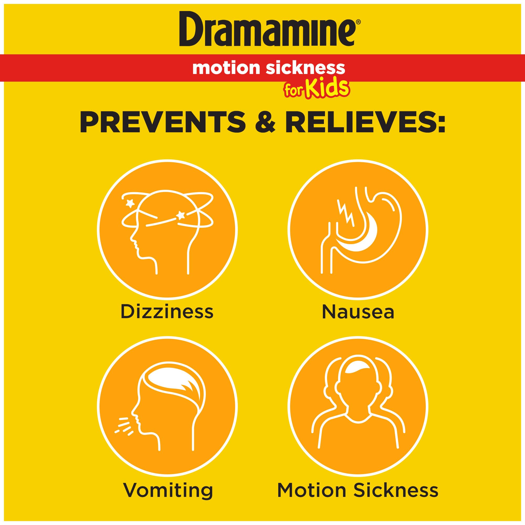 Envase de 8 tabletas Dramamine para niños, dosis precisa