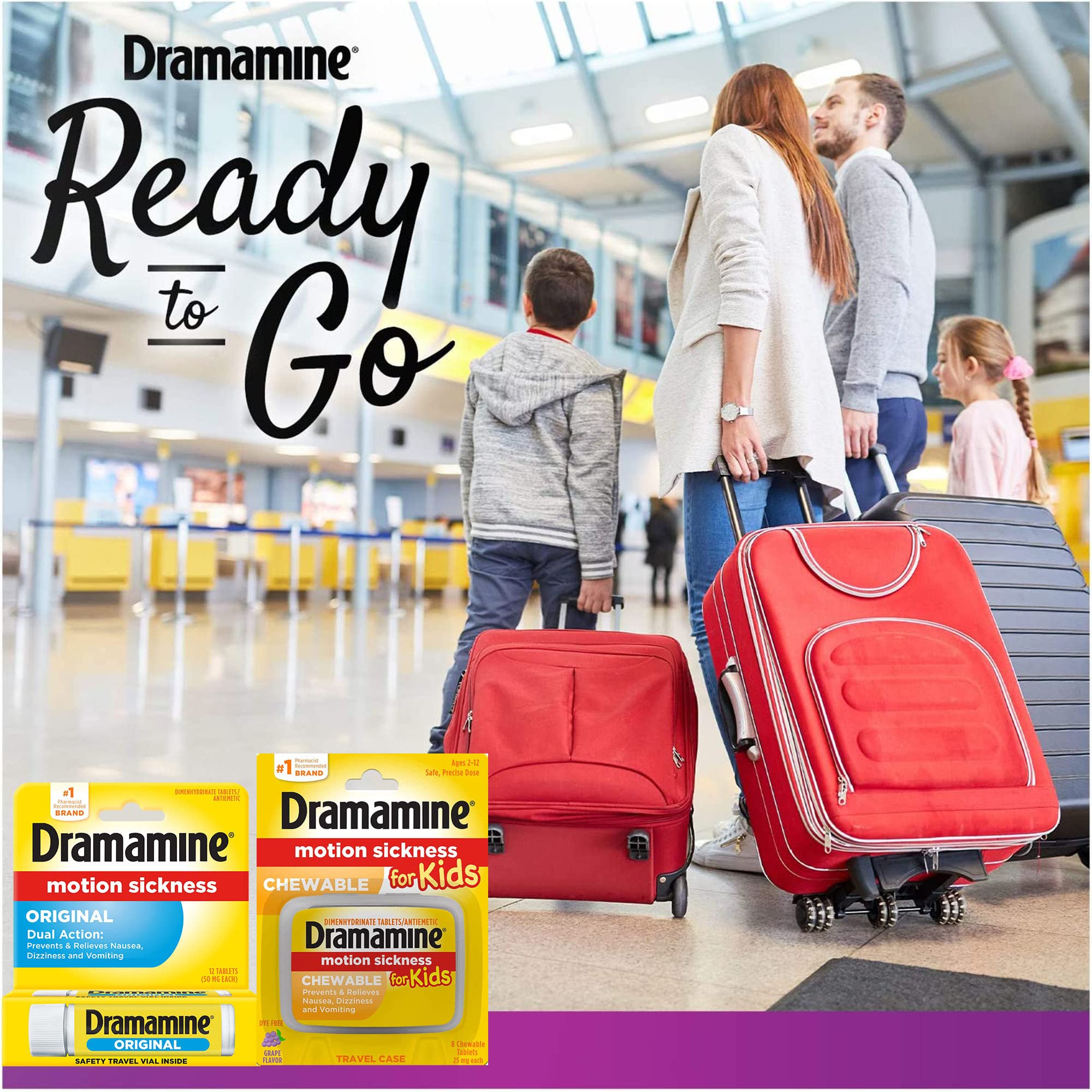 Dramamine Original Formula: tabletas para alivio rápido de mareos durante viajes.
