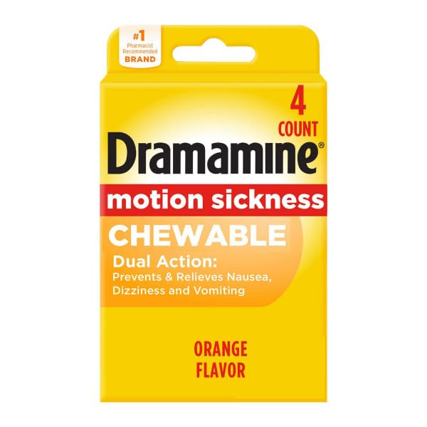 Dramamine tableta masticable naranja muestra su textura suave para consumo rápido.
