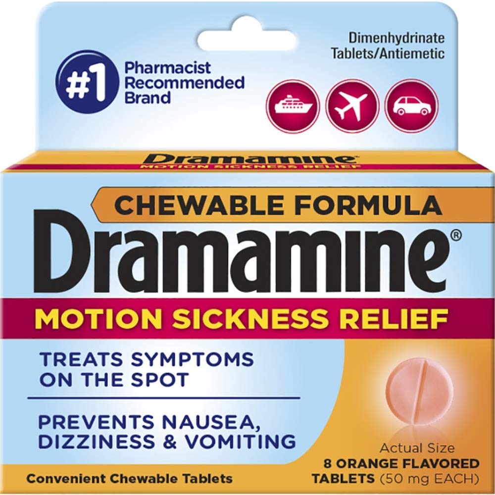 Dramamine tableta masticable para mareo, envase práctico para movilidad y viajes