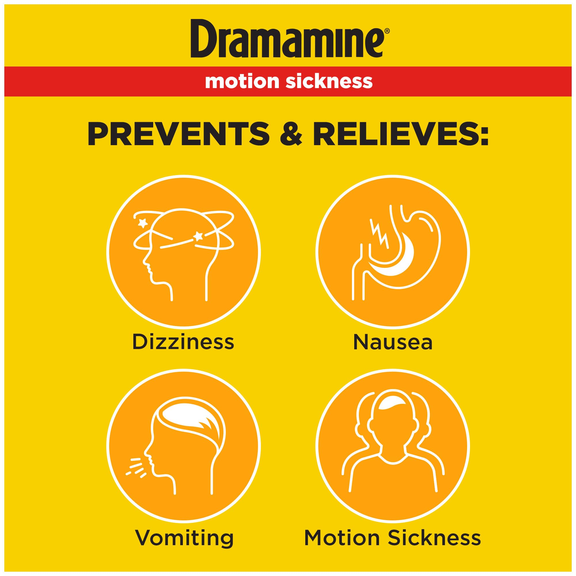 Dramamine tabletas masticables naranja para prevenir náuseas durante viajes