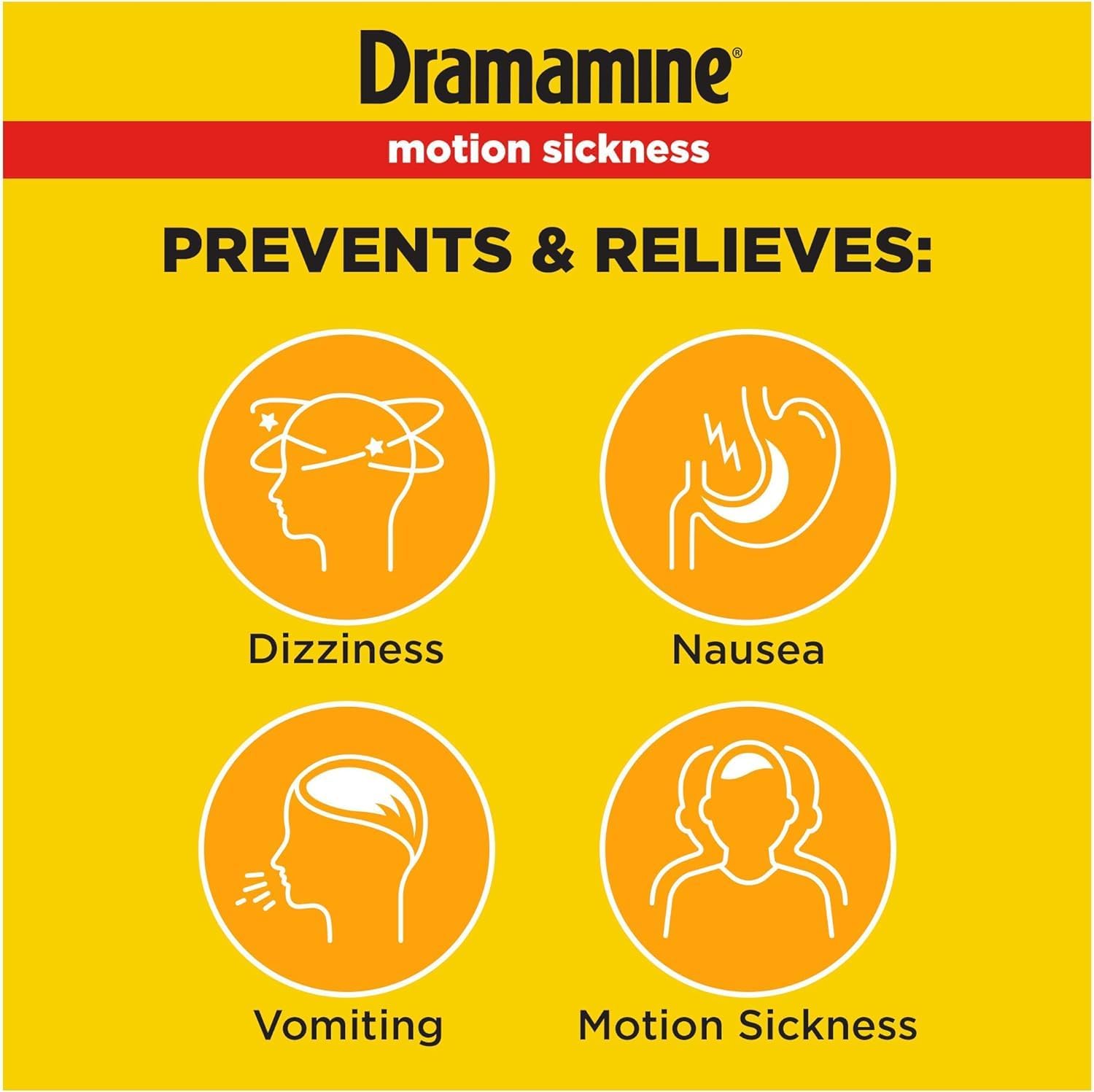 Dramamine, tabletas masticables naranjas, alivio rápido al masticar.