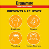 Dramamine, tabletas masticables naranjas, alivio rápido al masticar.