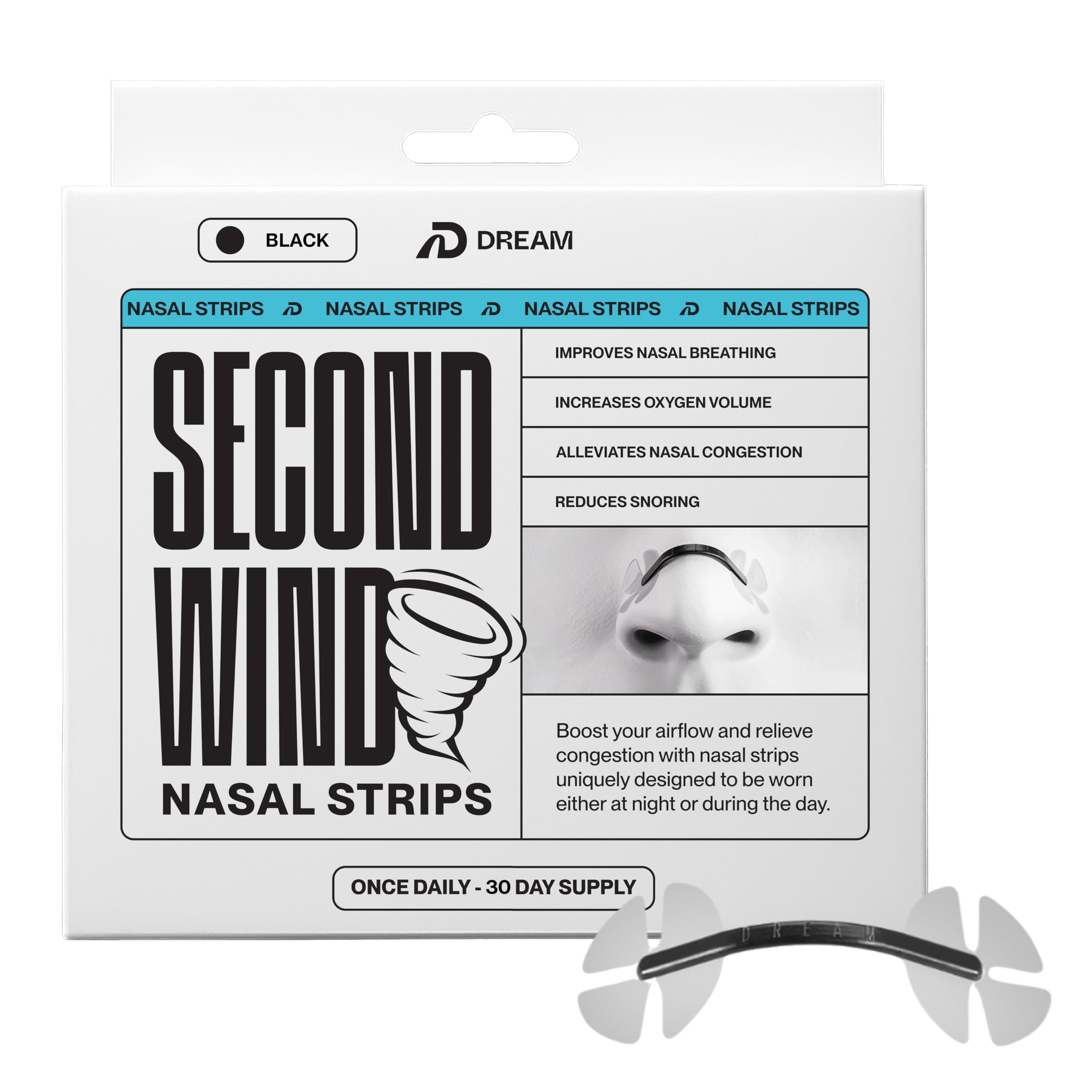 Dream Recovery Segundo Viento envase de tiras nasales para mejorar la respiración durante la noche.