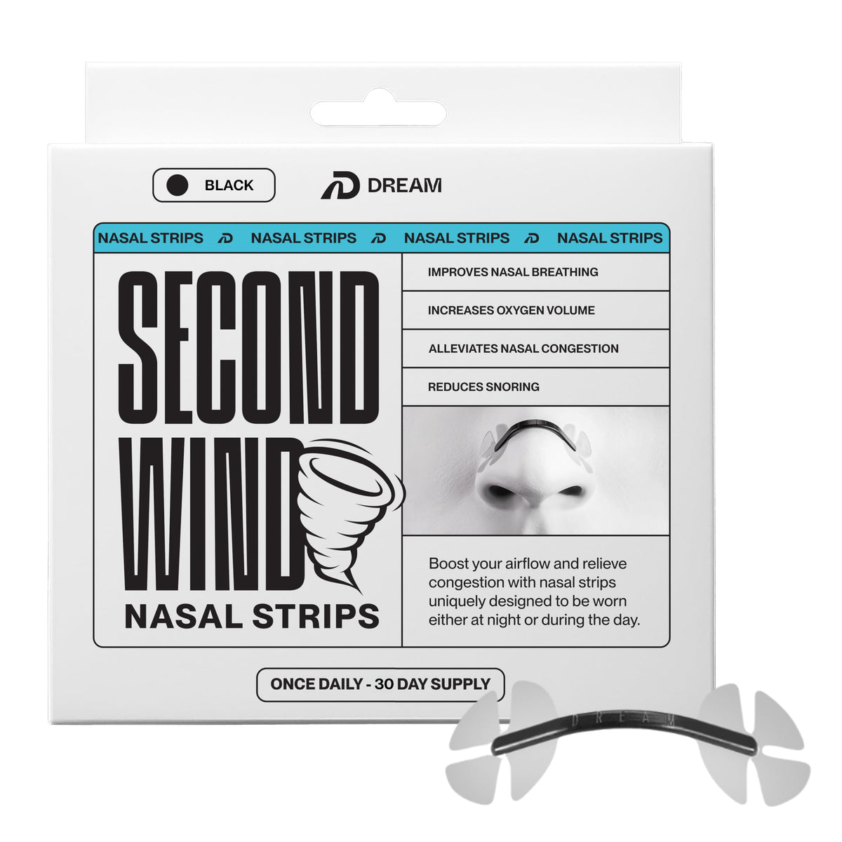 Dream Recovery Segundo Viento envase de tiras nasales para mejorar la respiración durante la noche.