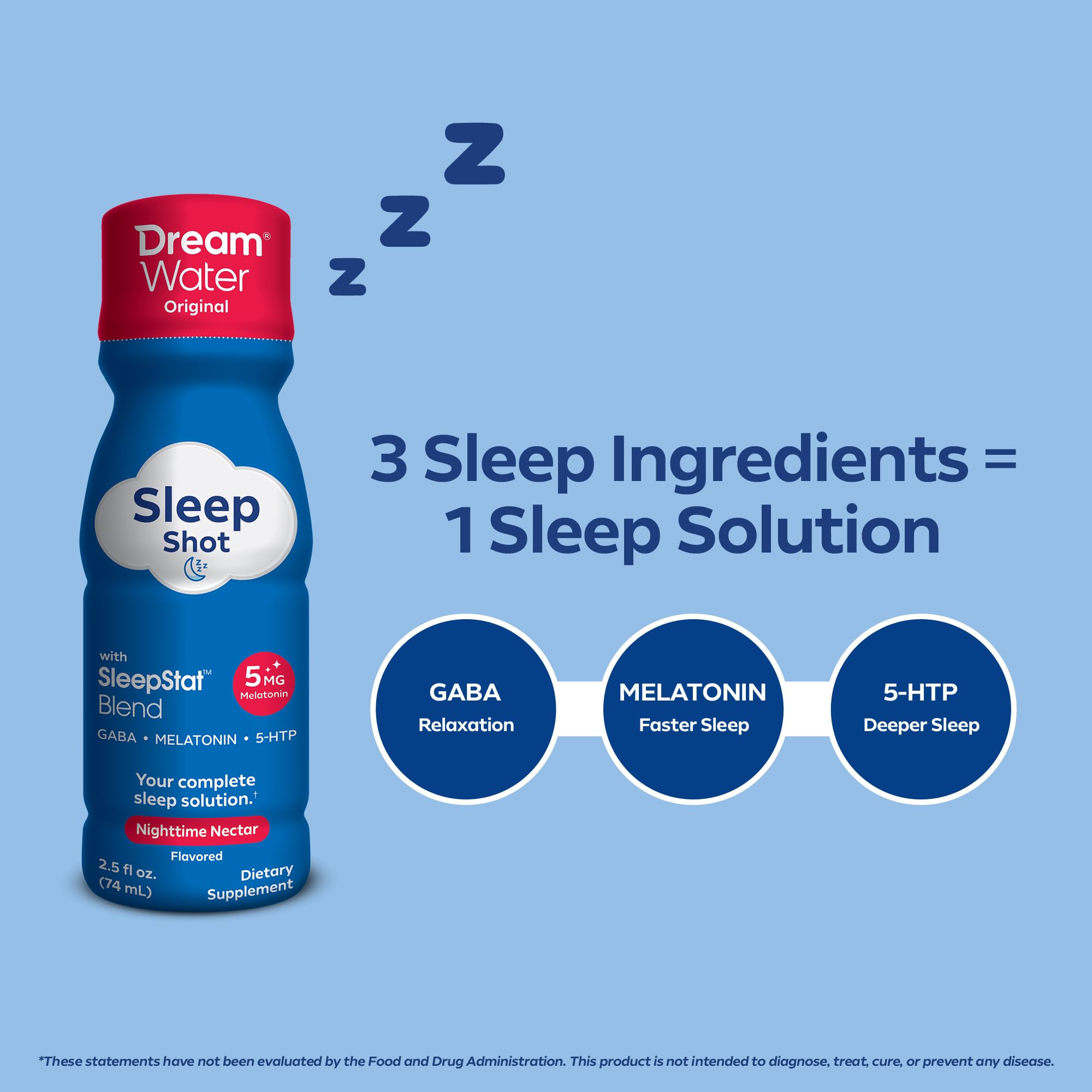 Melatonina 5 mg, GABA y 5-HTP en Dream Water, opciones nocturnas.