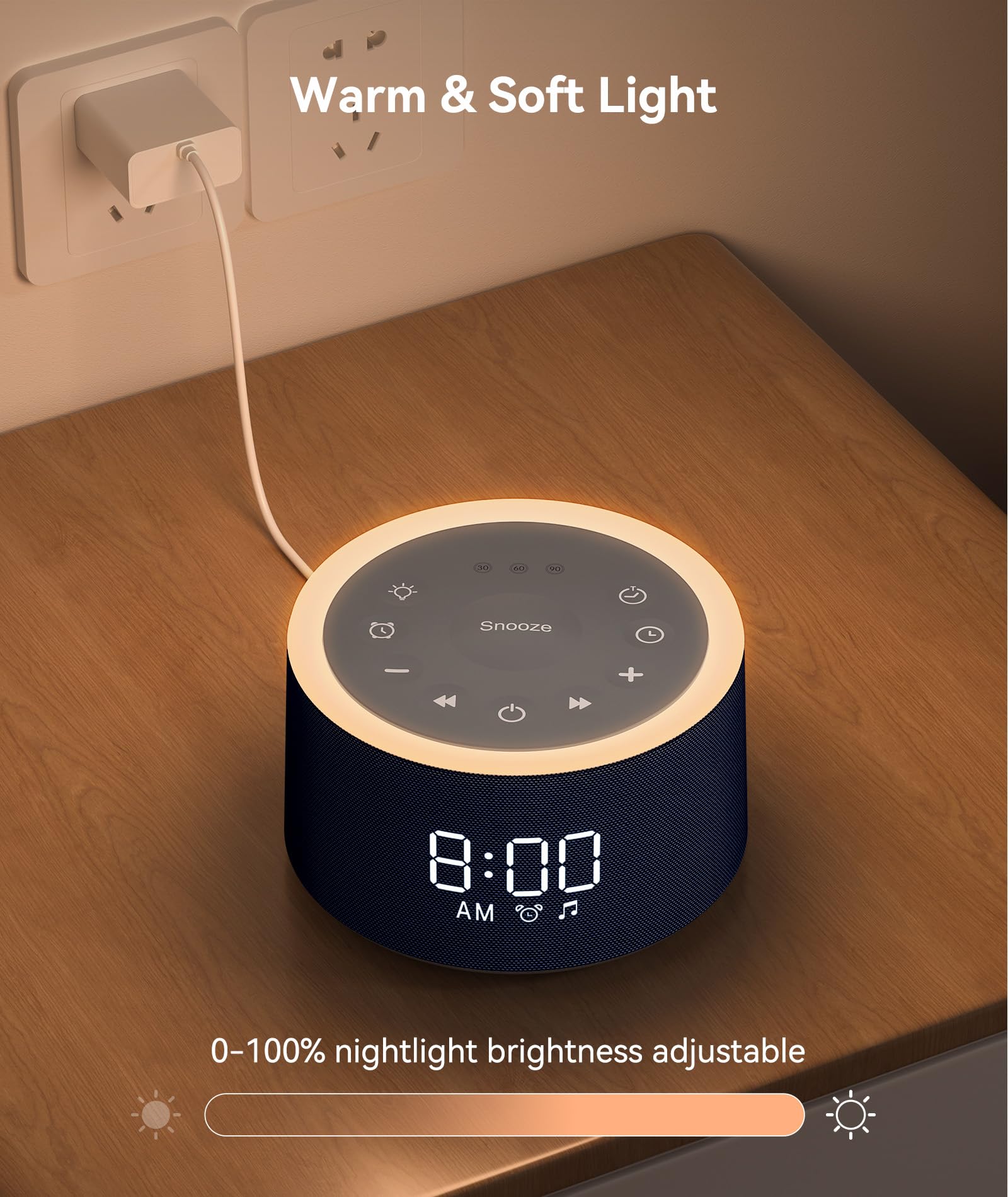 Dreamegg D1+ uso en mesa de noche para dormir y despertar serenos.