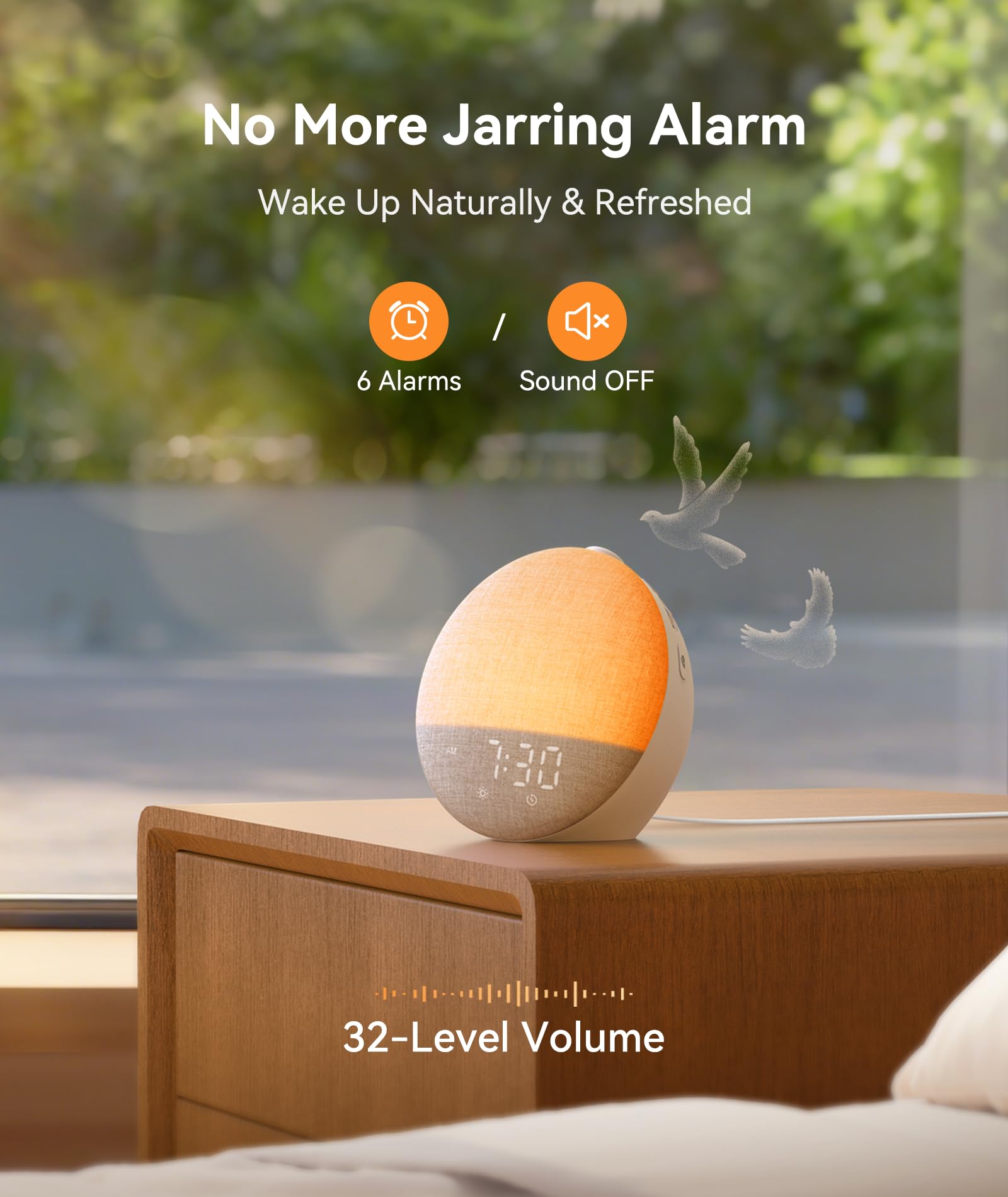 Dreamegg Sunrise 2 botón único facilita control de alarmas y sonidos.