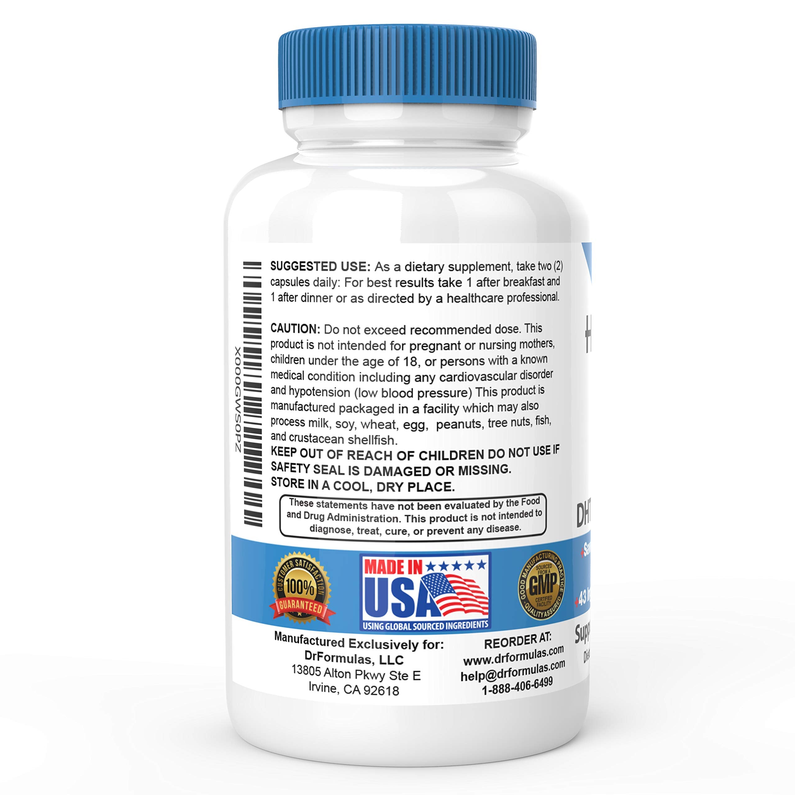 DrFormulas HairOmega DHT Blocker, etiqueta trasera destacando la fórmula vegetariana.