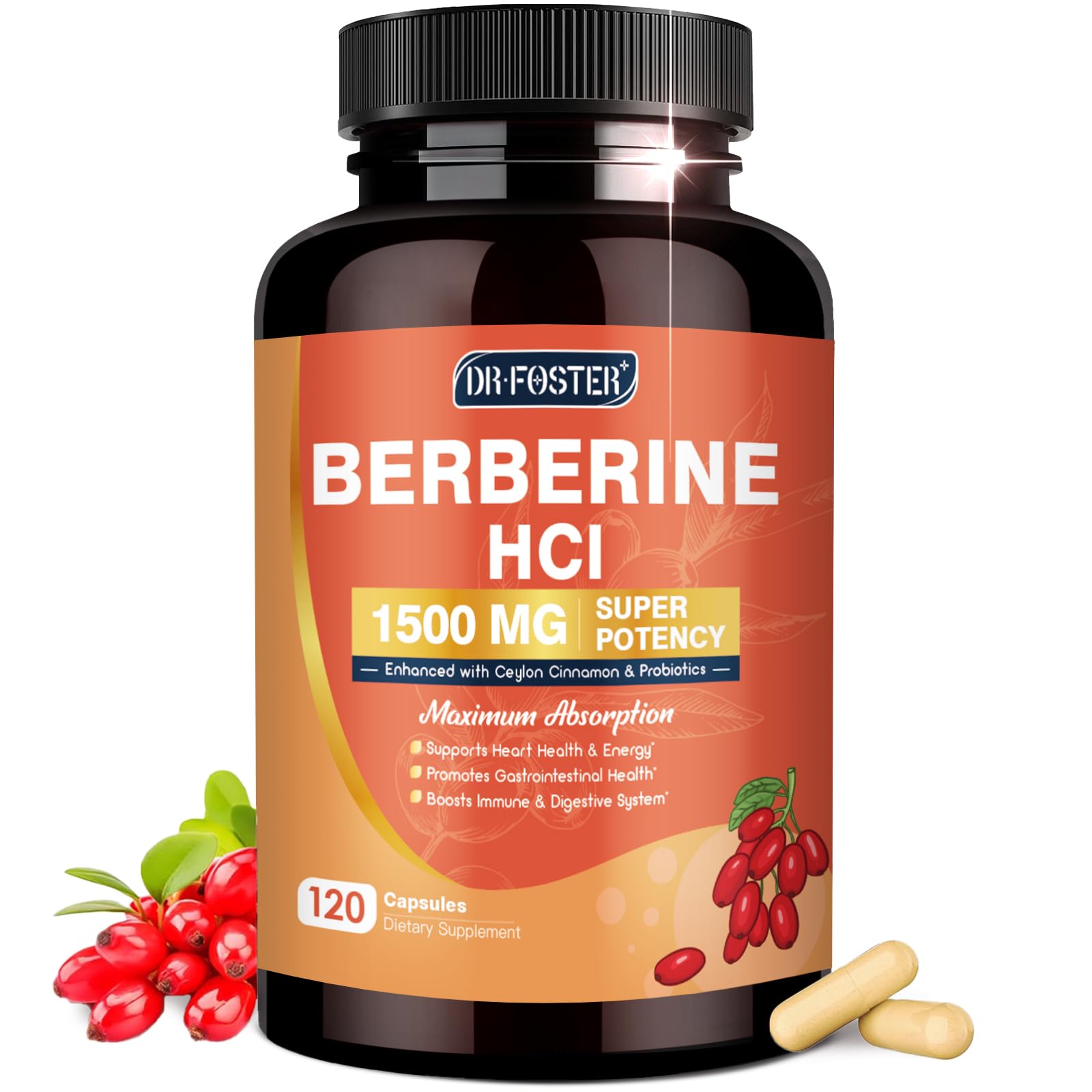 DRFOSTER Berberina HCL, botella frontal, complemento para bienestar diario.