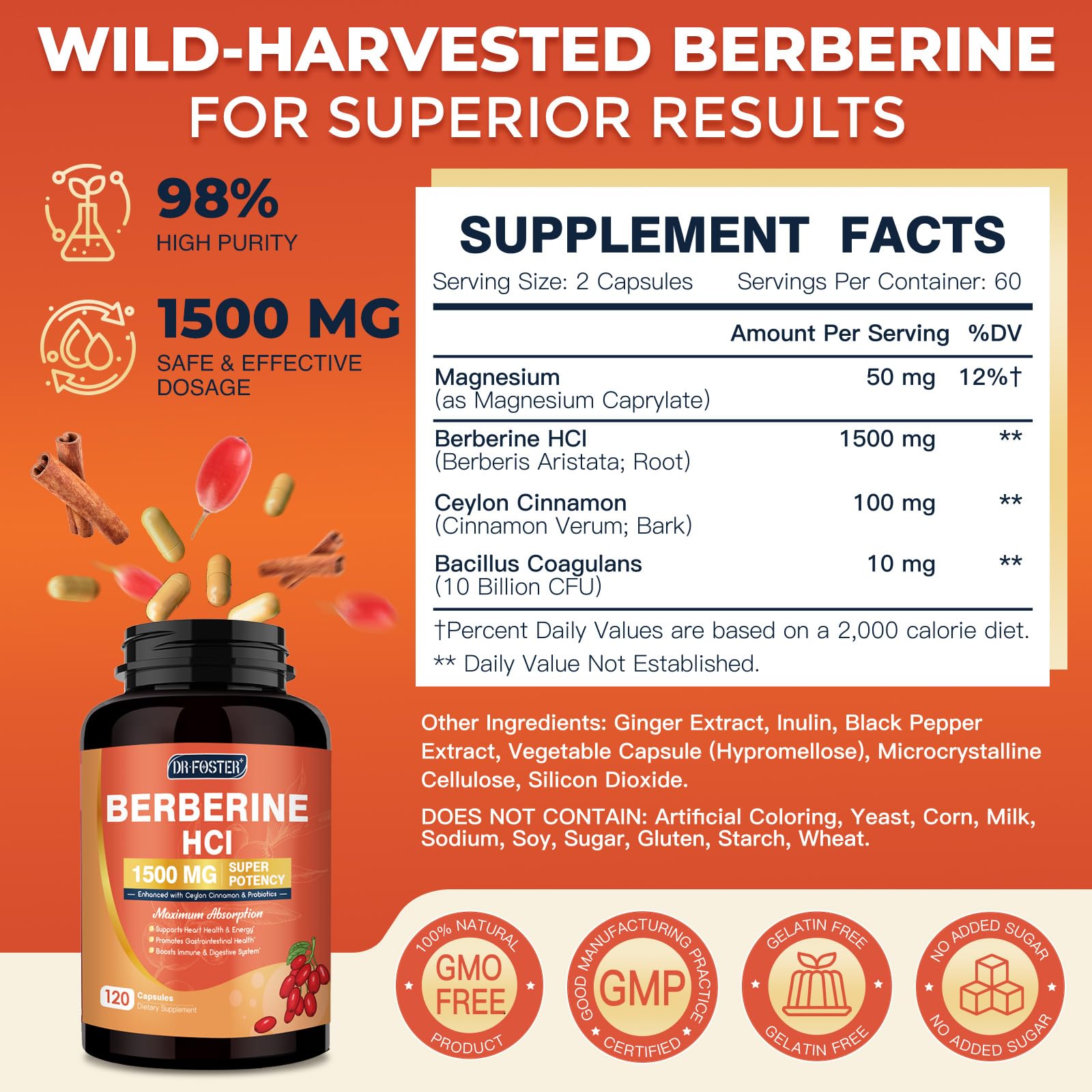DRFOSTER Berberina HCL, etiqueta detalle, información clara sobre ingredientes y dosis.