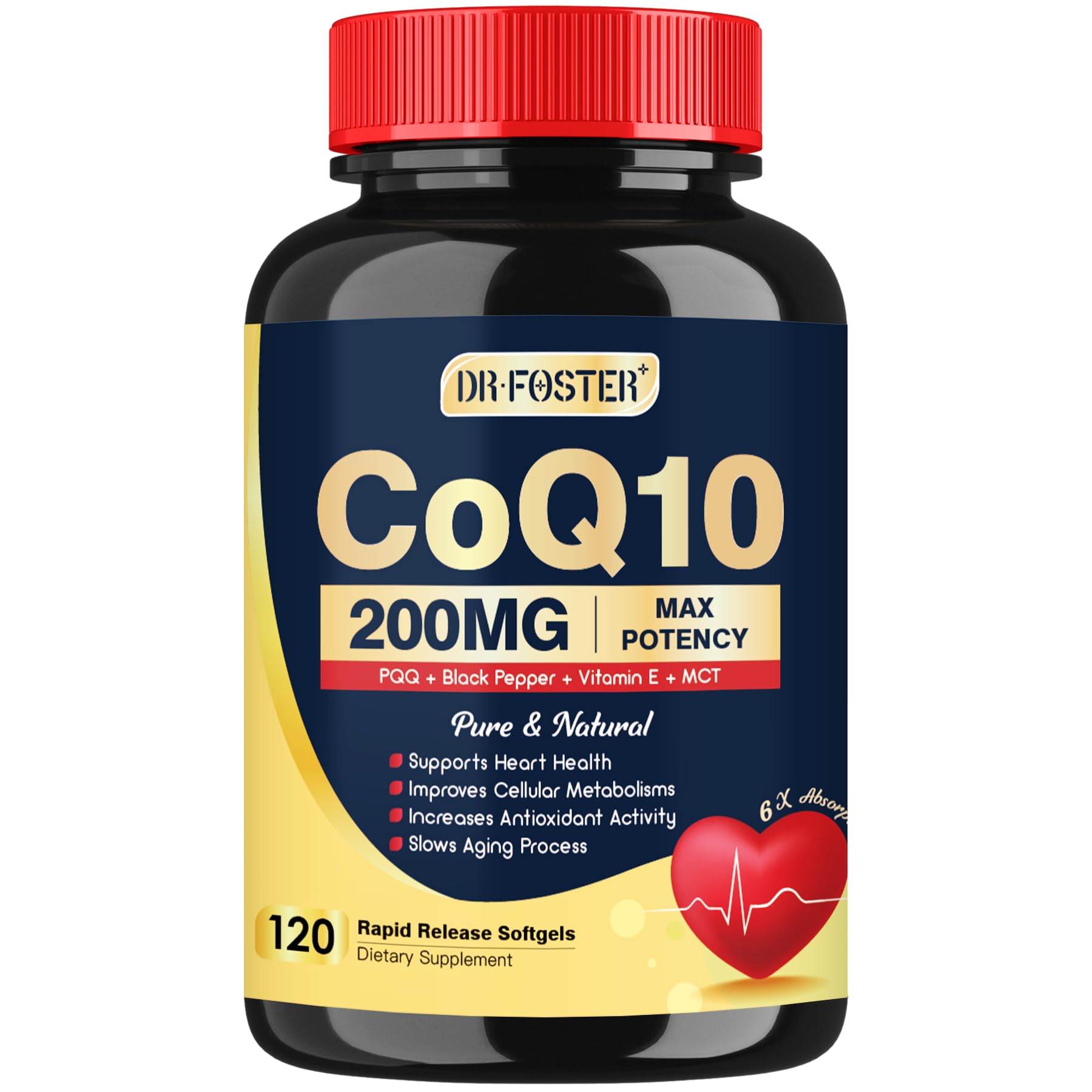 DRFOSTER CoQ10 200 mg botella: suplemento antioxidante que apoya energía diaria y vitalidad.