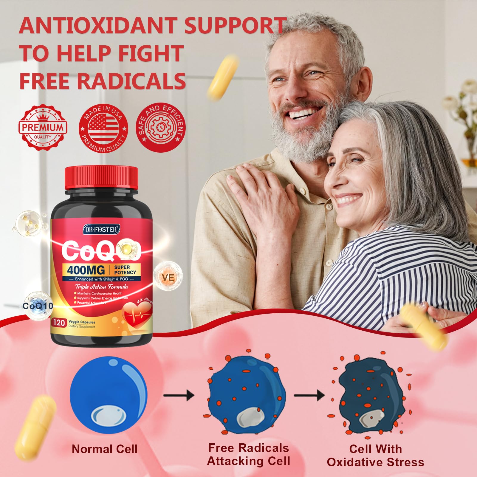 DRFOSTER CoQ10 400mg, empaque: fórmula vegana y fácil de consumir