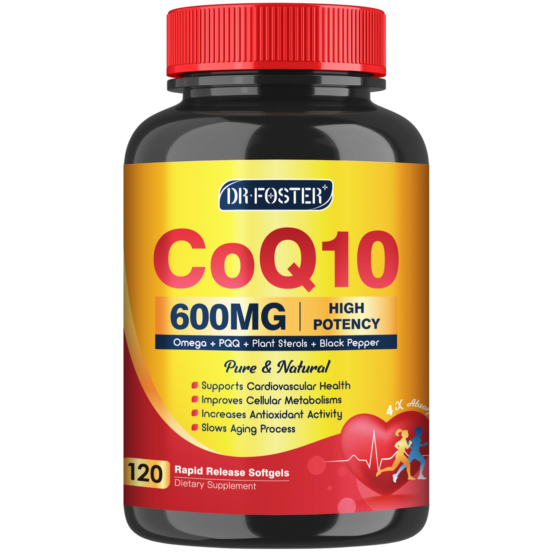 DRFOSTER CoQ10 600 mg cápsulas suaves en botella, absorción mejorada para energía diaria.
