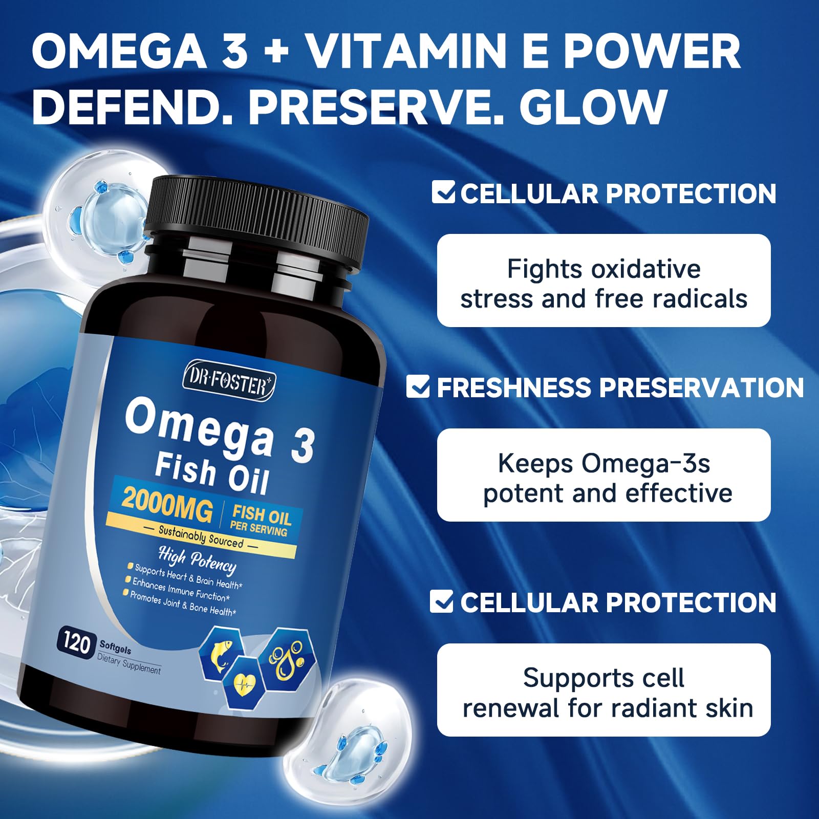 DRFOSTER Omega-3 detalle cápsula: alta concentración para mayor conveniencia.