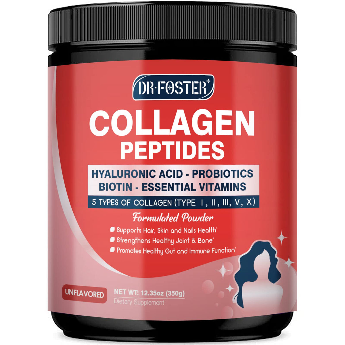 DRFOSTER Polvo de colágeno multicollagen con probióticos para apoyar la piel y la digestión.