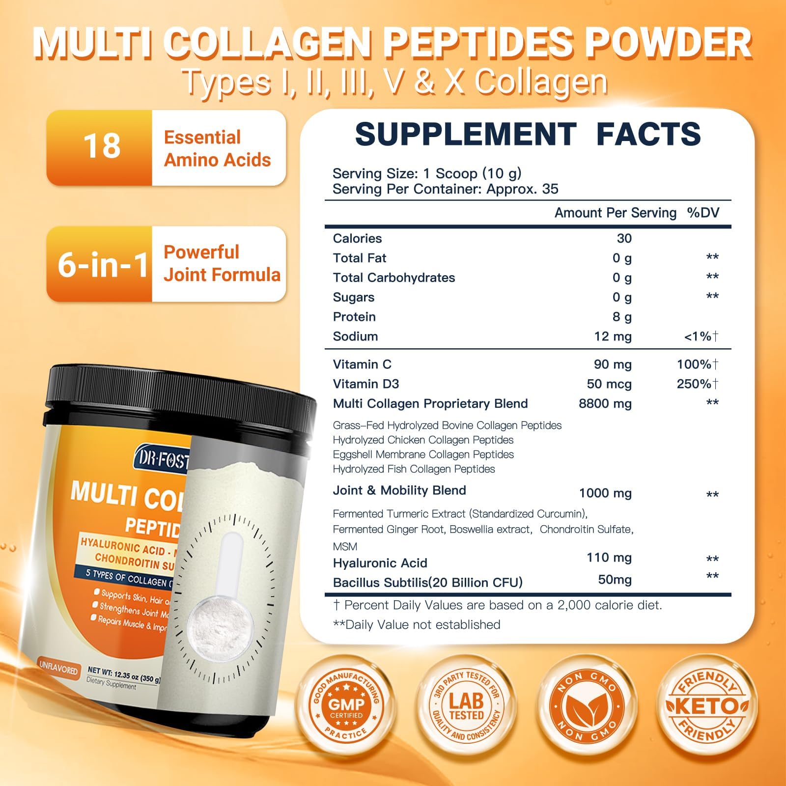 DRFOSTER Multicollagen, etiqueta detallada con ingredientes y beneficios.