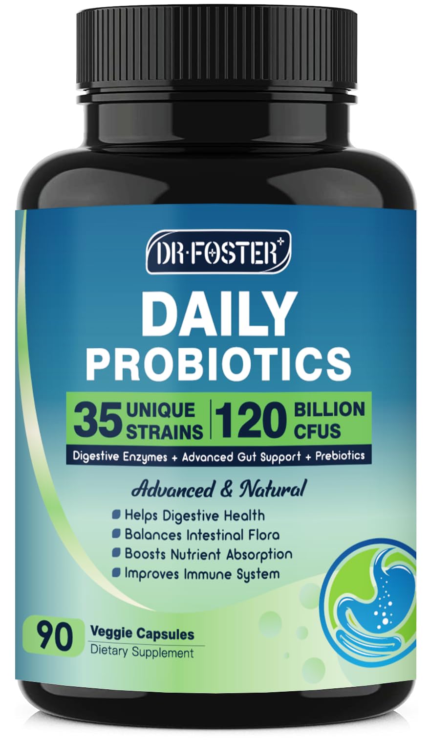 DRFOSTER probióticos 120 mil millones CFU en botella para salud intestinal.