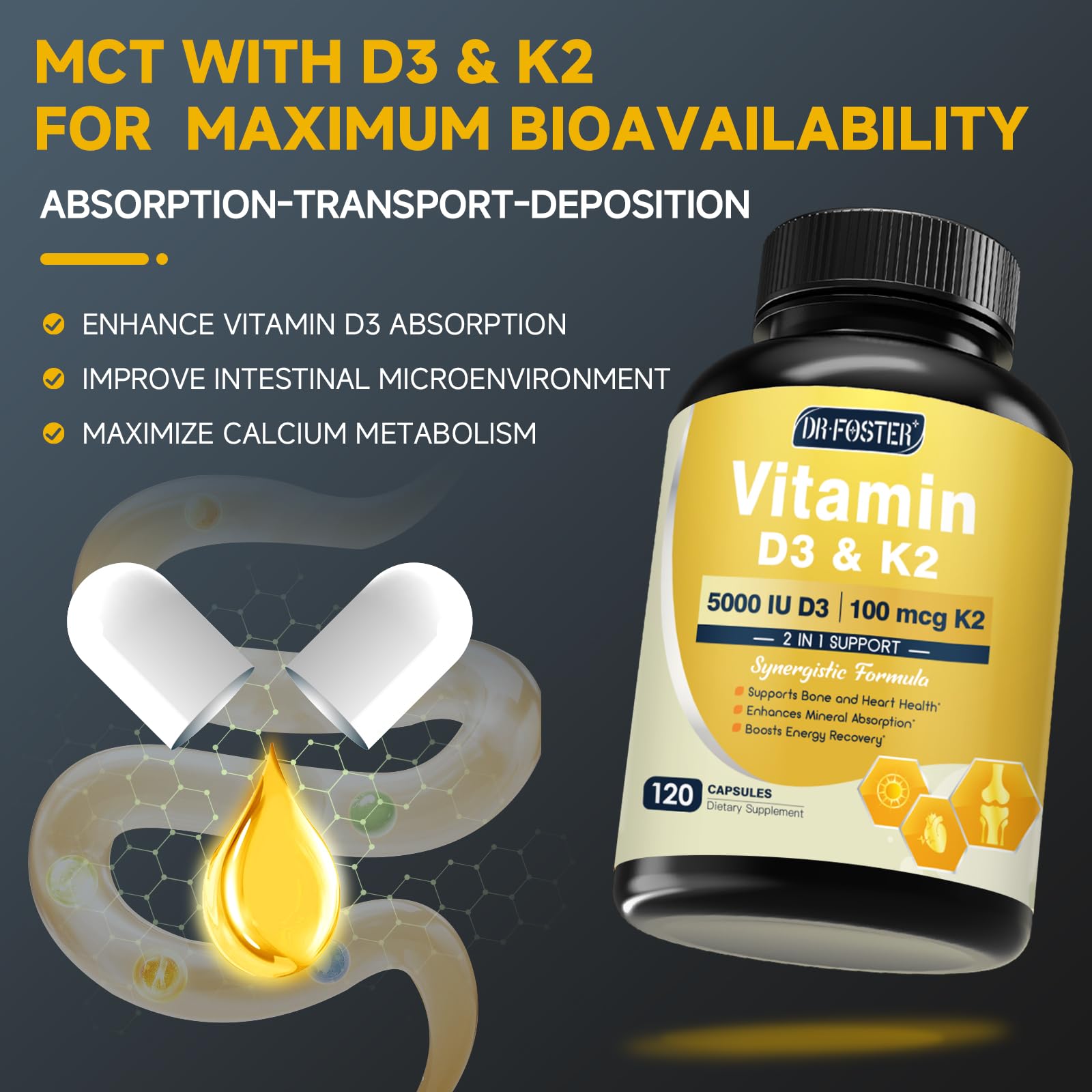DRFOSTER Vitamina D3 K2 polvo MCT, mejor biodisponibilidad de vitaminas liposolubles