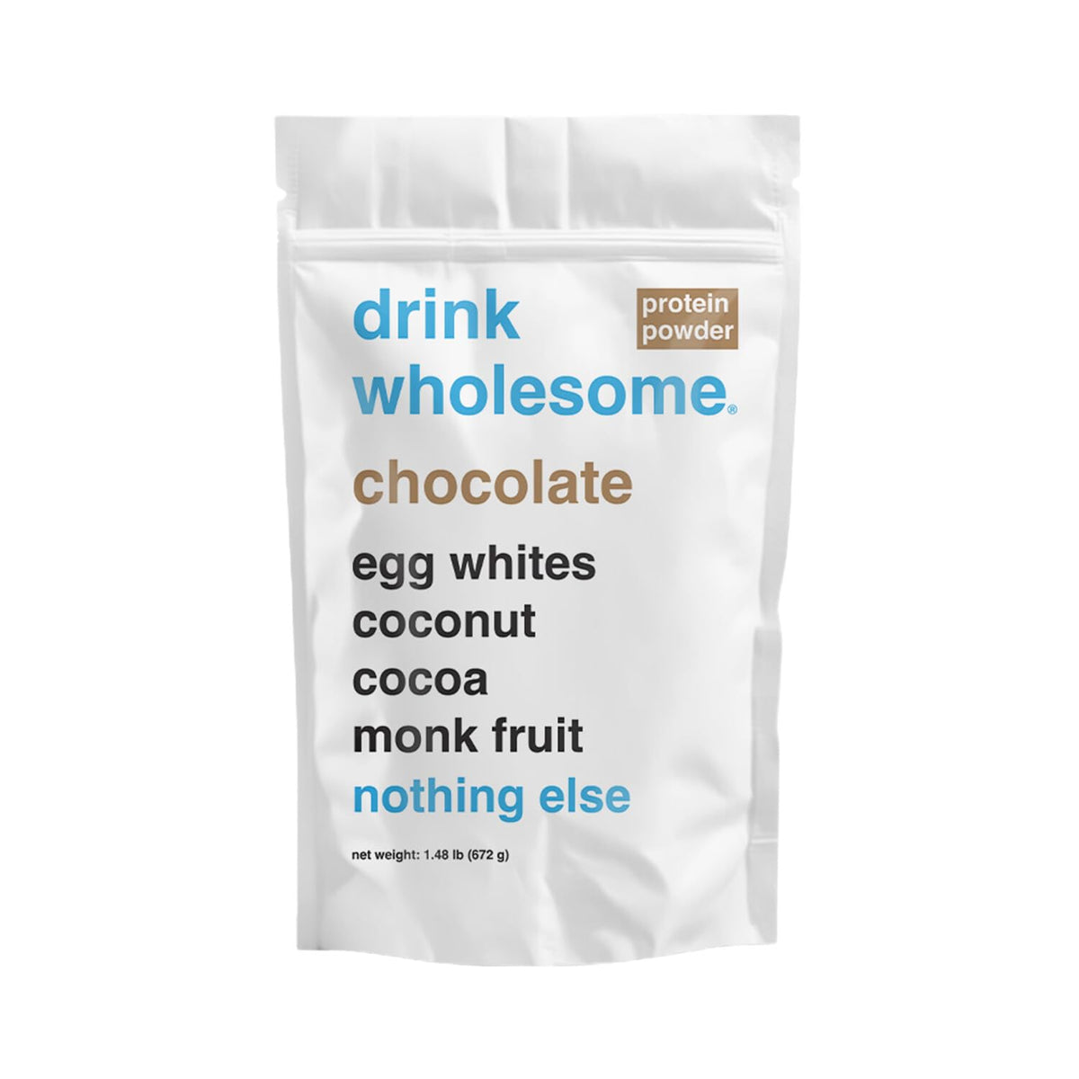 Drink Wholesome envase detalle, proteína de clara de huevo chocolate, fácil de digerir.