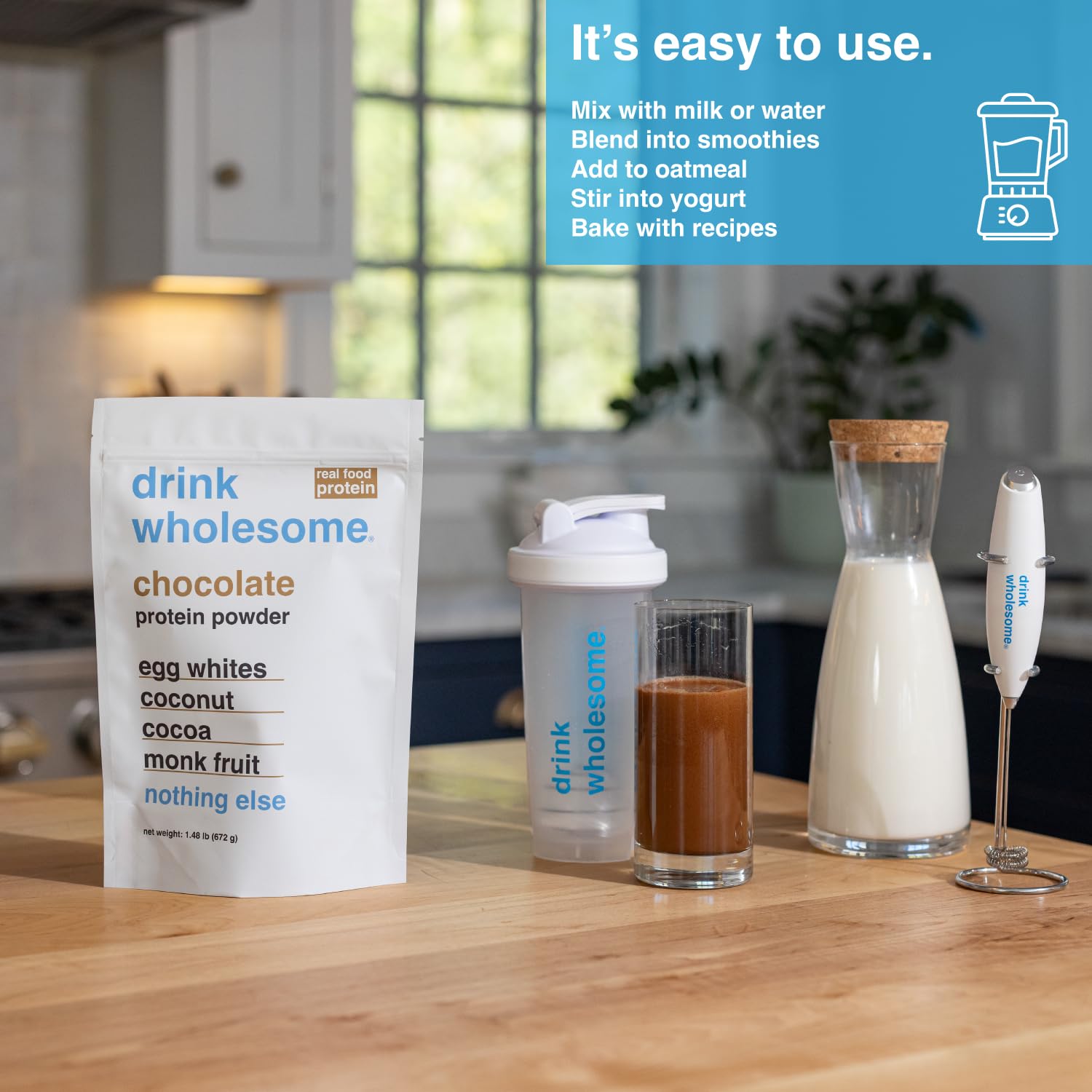 Drink Wholesome ingredientes simples, ideal para snack saludable.