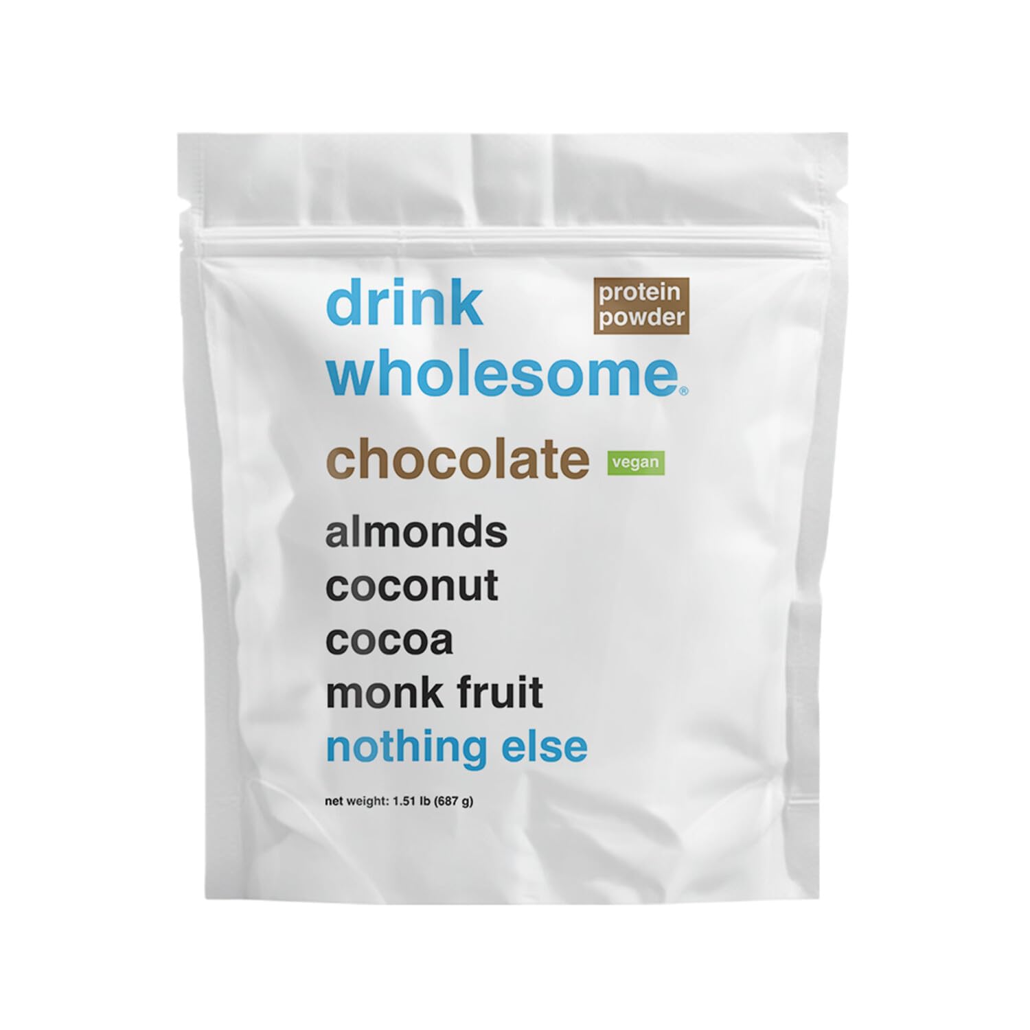 drink wholesome proteina vegana chocolate almendra, envase práctico para estómagos sensibles