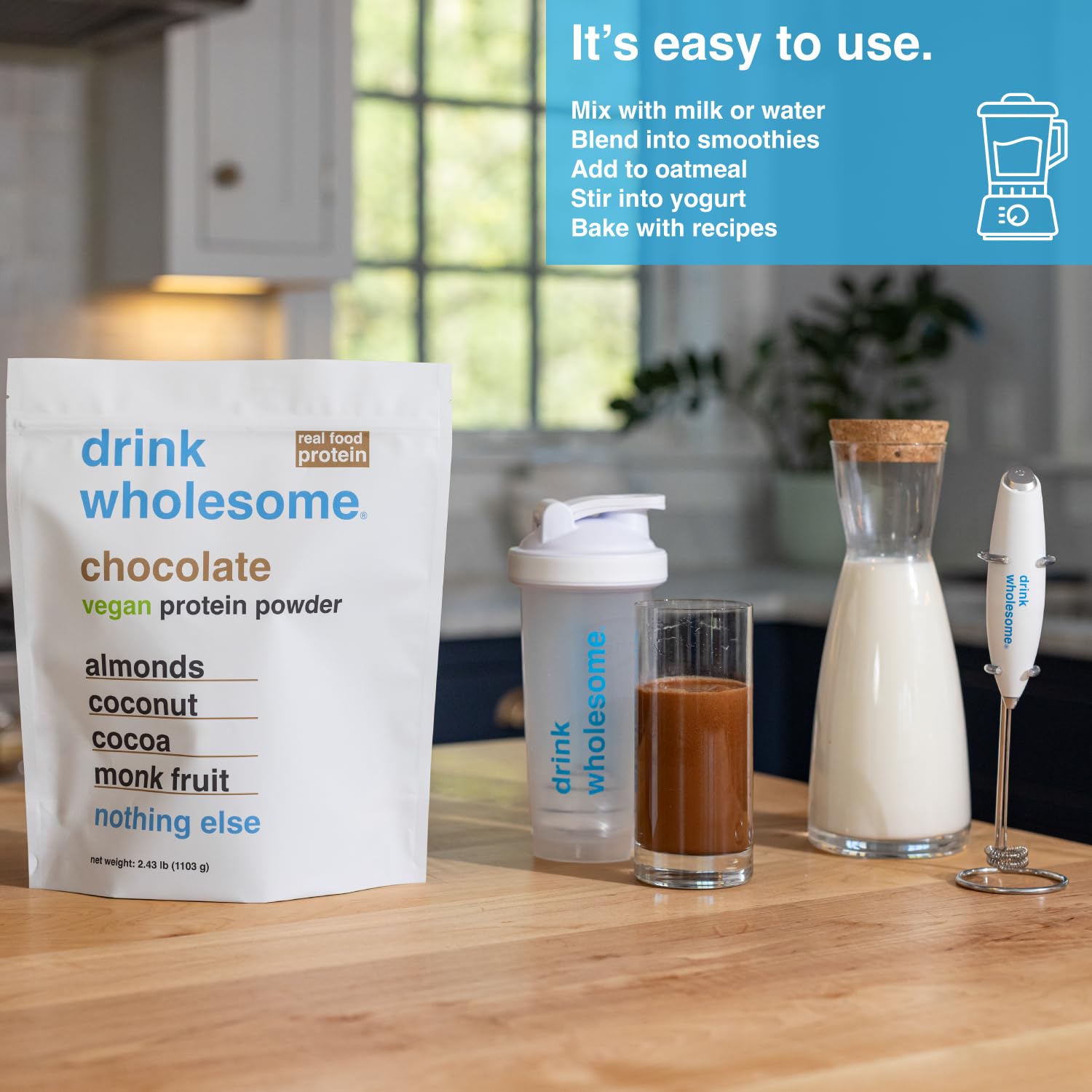 drink wholesome proteina vegana chocolate almendra, batido suave en taza para estómagos sensibles