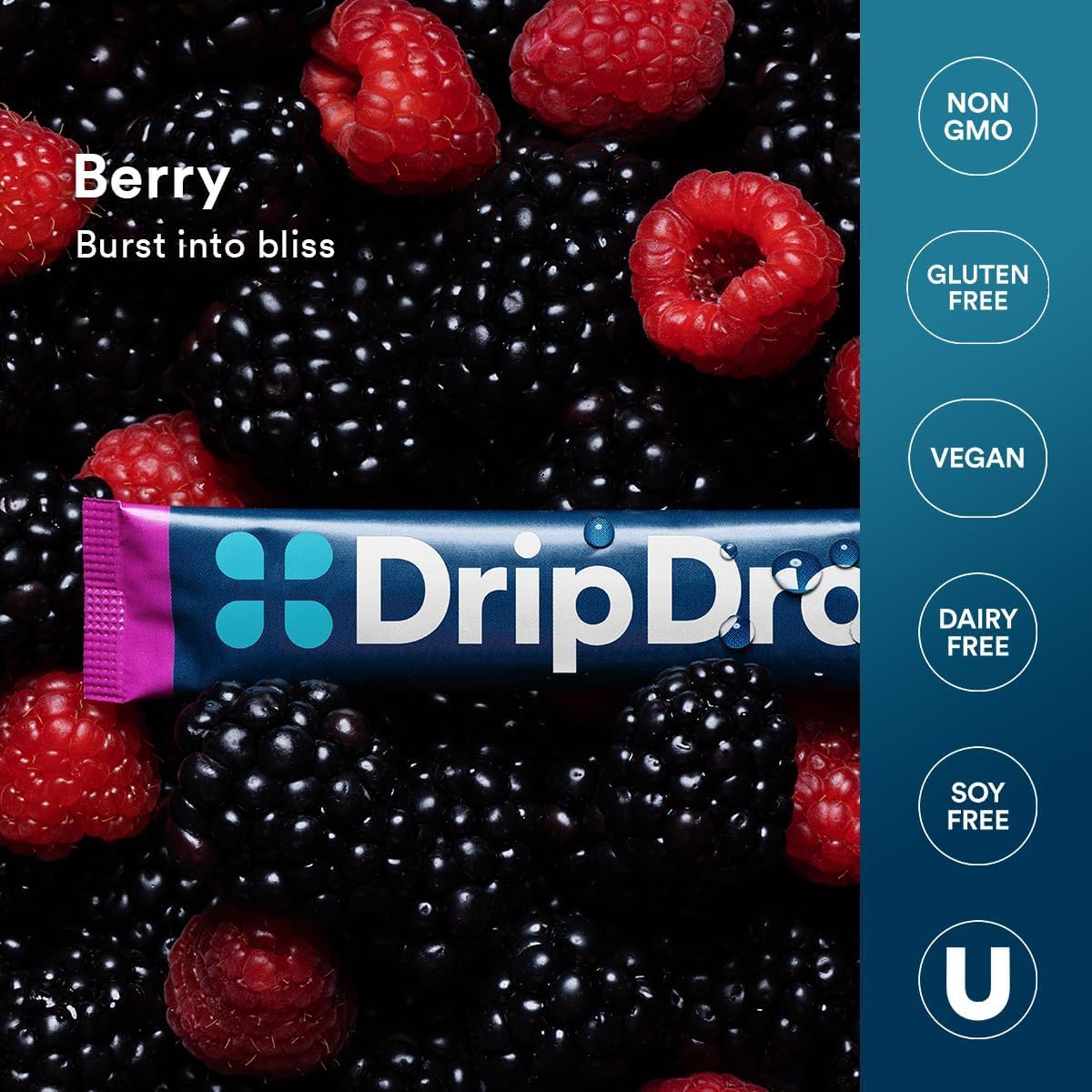DripDrop fórmula sin OGM, vegano y libre de gluten para estilo de vida consciente.