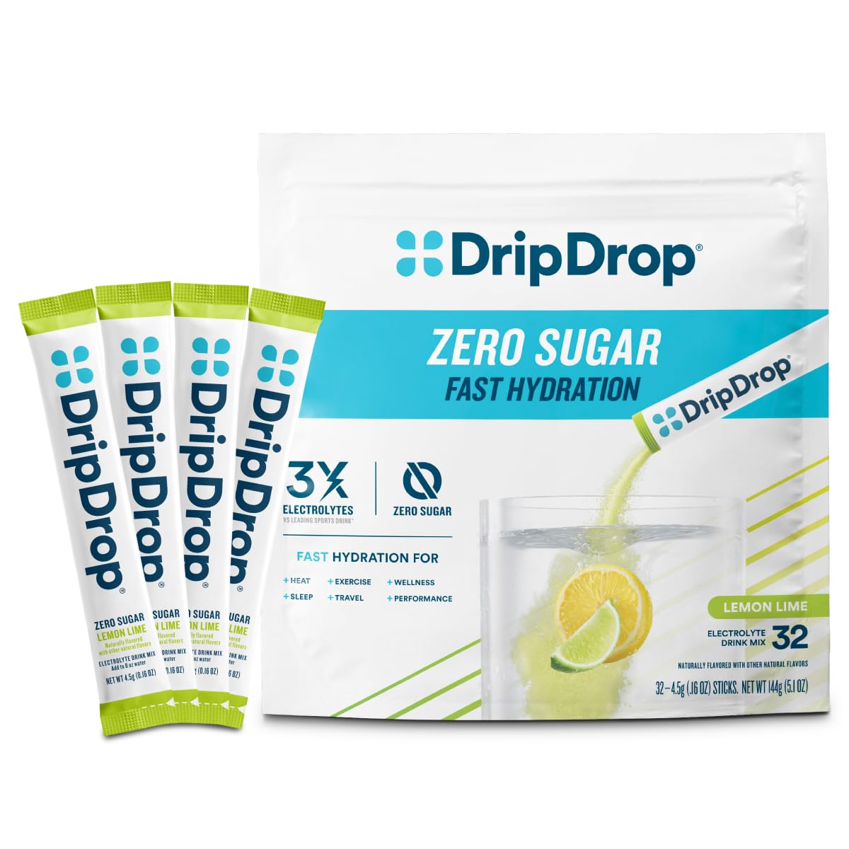 DripDrop hidratación sin azúcar limón-lima, vertido en botella para hidratar rápido.