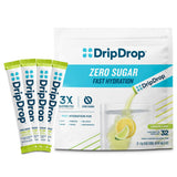 DripDrop hidratación sin azúcar limón-lima, vertido en botella para hidratar rápido.