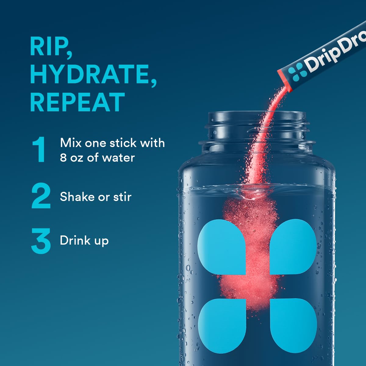 DripDrop mezcla de electrolitos fácil de disolver en agua para ejercicio.