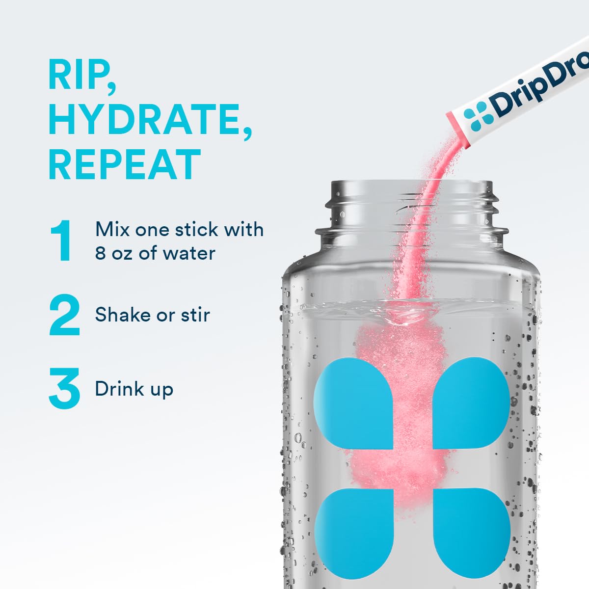DripDrop nutrientes clave: potasio, magnesio, zinc y vitamina C para apoyo general.
