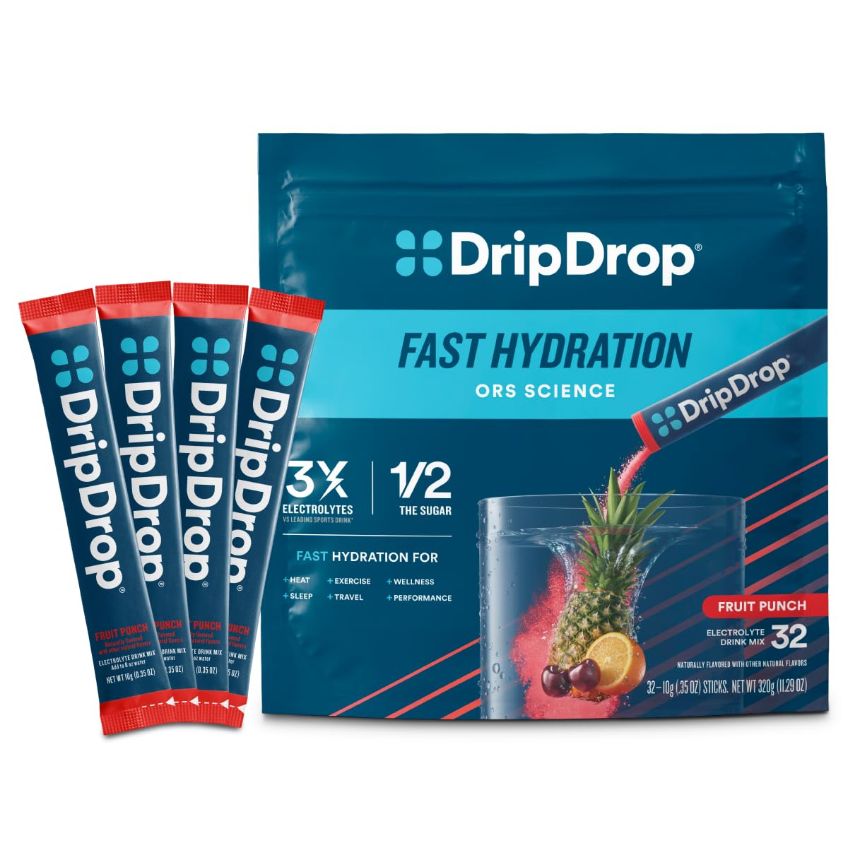 DripDrop Fruta Punch sachets listos para llevar, ideal para entrenamientos.