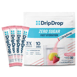 DripDrop sin azúcar, sobres de fresa-limón, hidratación rápida para entrenamientos.