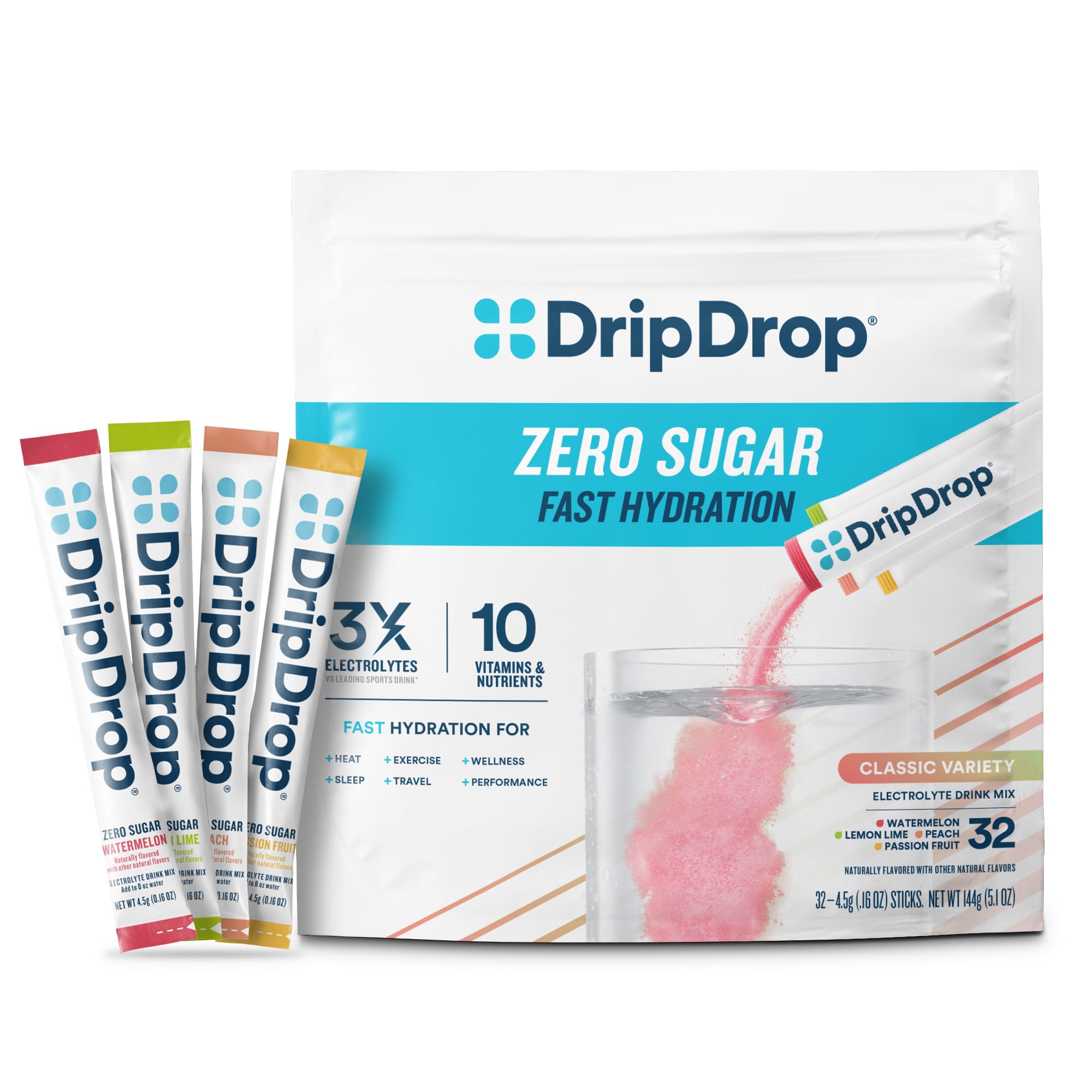 DripDrop Variedad sin azúcar, empaque clásico para hidratación rápida.