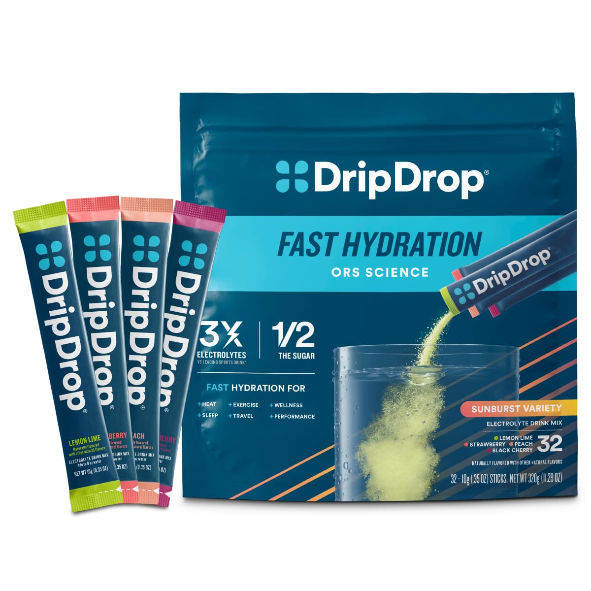 DripDrop variedad Sunburst en empaque, ideal para viajes y deporte