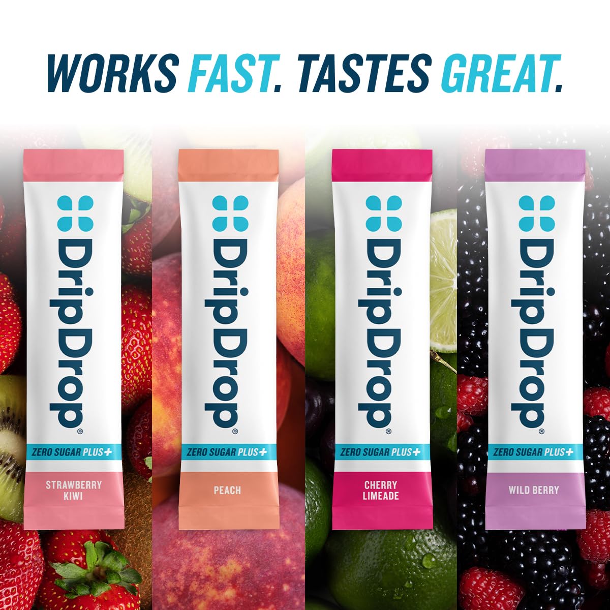 DripDrop Zero Sugar Plus: etiquetas claras sin gluten para uso diario.