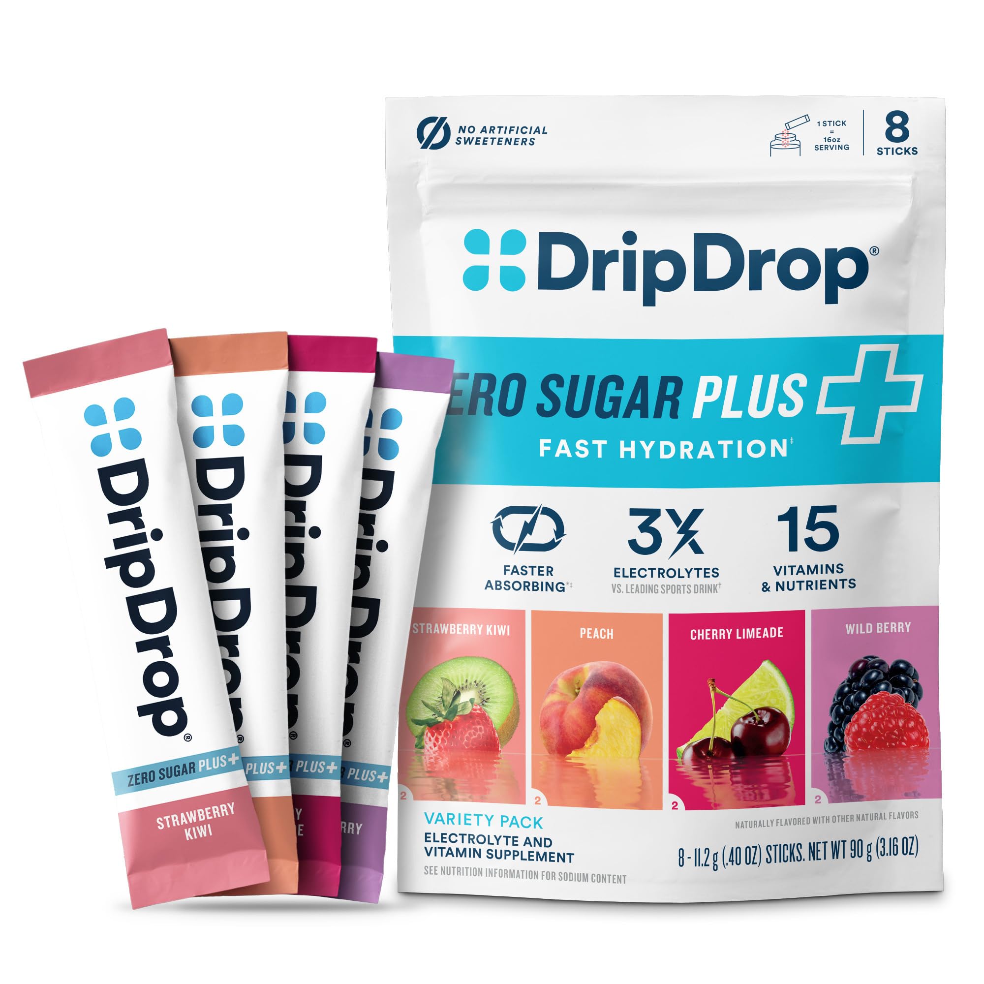 DripDrop Zero Sugar Plus: paquete una porción para hidratación rápida.