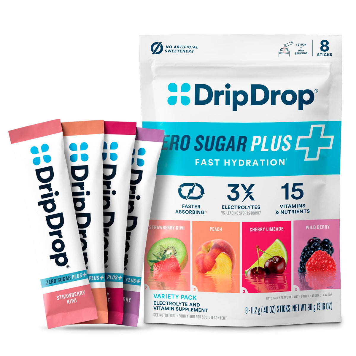 DripDrop Zero Sugar Plus: paquete una porción para hidratación rápida.