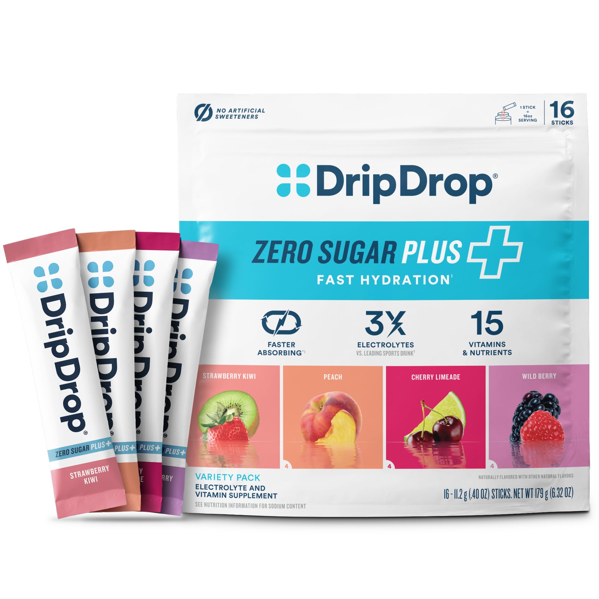 DripDrop Zero Sugar Plus sobre fresa-kiwi, hidratación rápida sin azúcar
