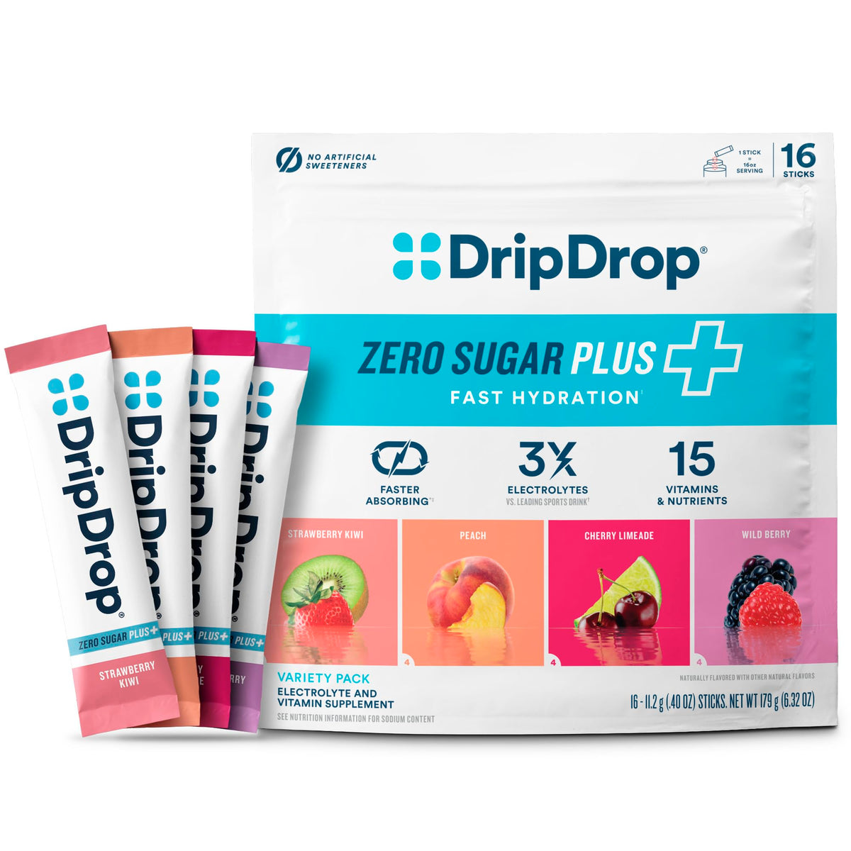 DripDrop Zero Sugar Plus sobre fresa-kiwi, hidratación rápida sin azúcar