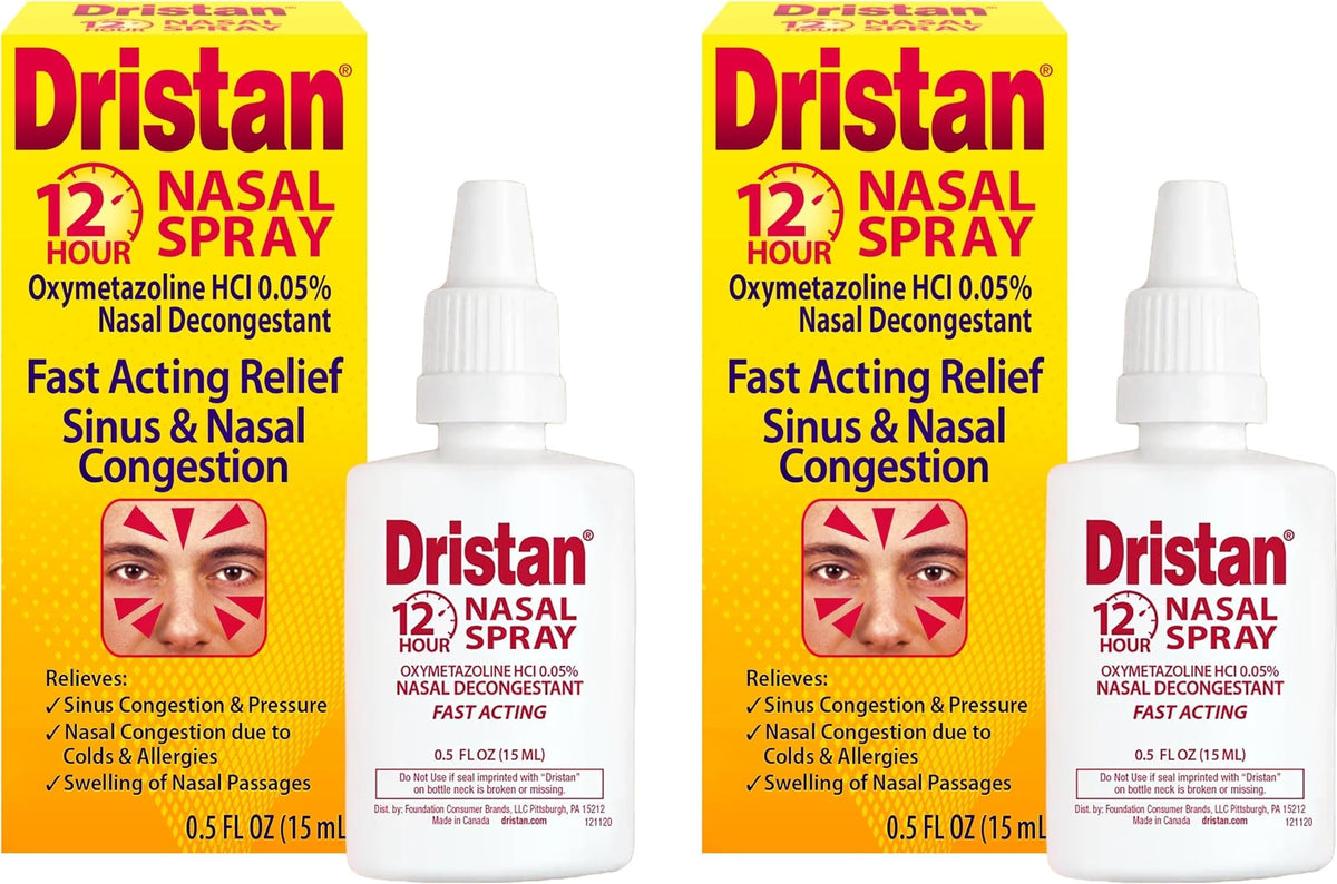 Dristan spray nasal: botella visible, alivio posible de congestión para el día.