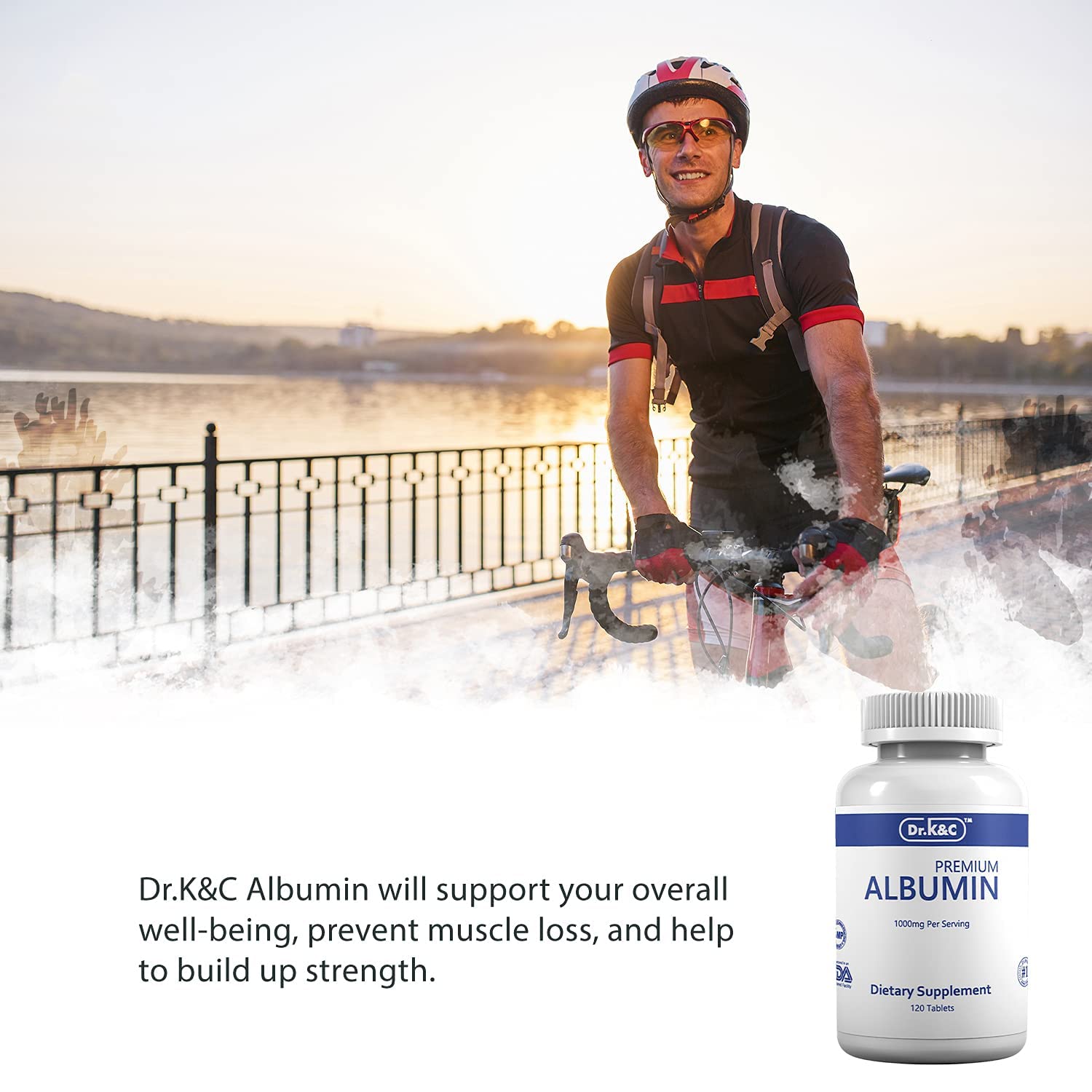 Dr.K&C Albumin: etiqueta de calidad con certificaciones visibles.