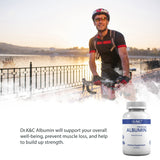 Dr.K&C Albumin: etiqueta de calidad con certificaciones visibles.