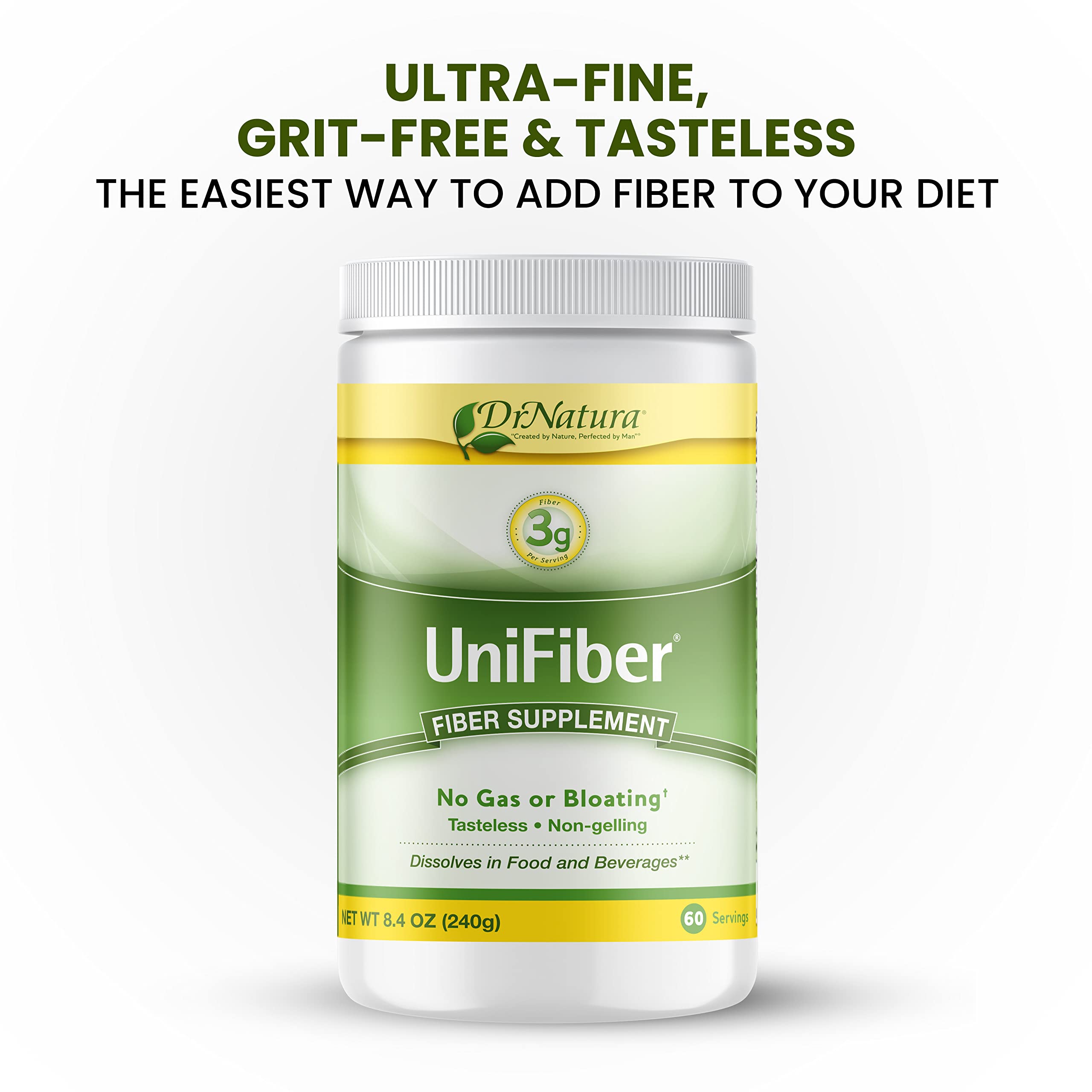DrNatura Unifiber con cucharilla mide dosis para consumo diario.