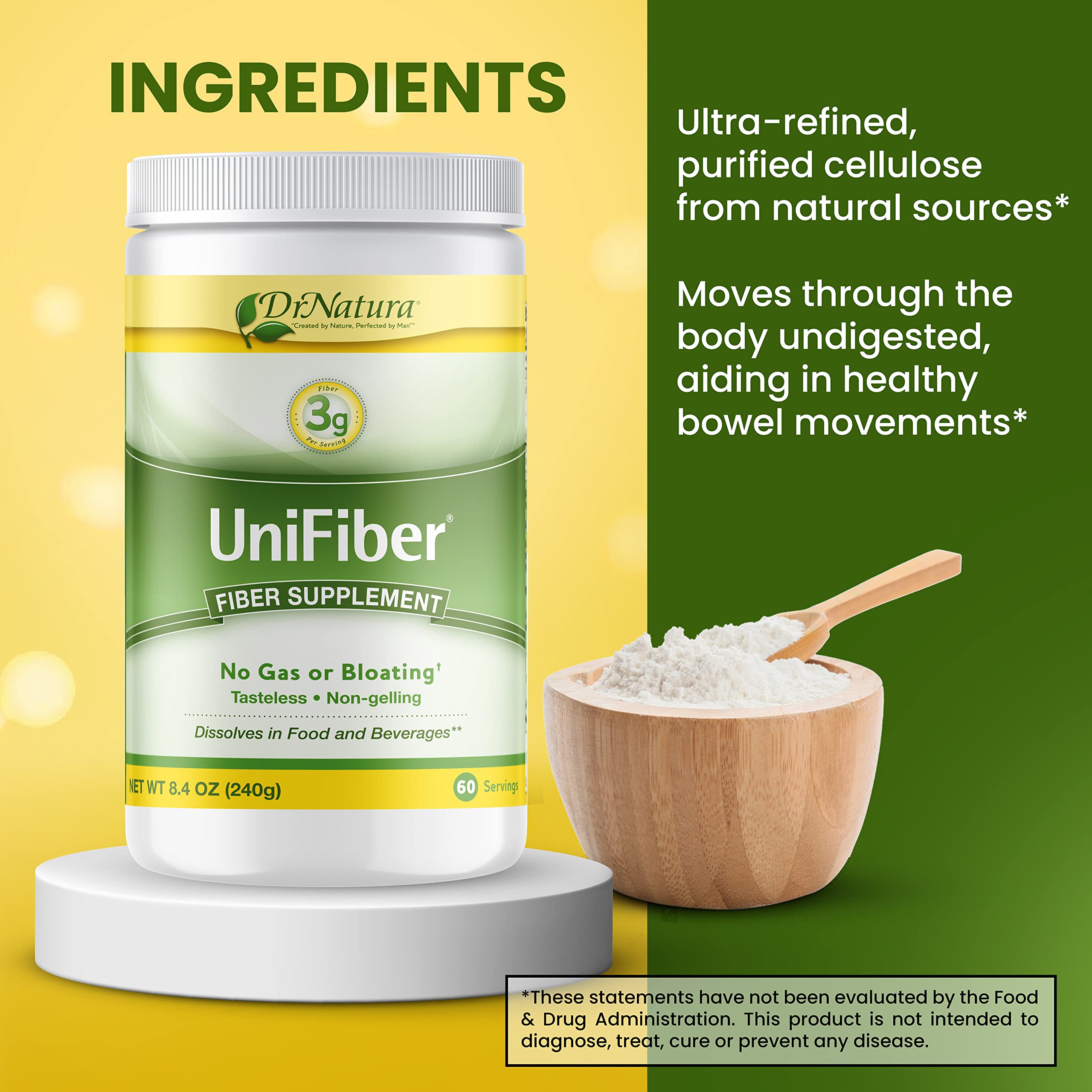 DrNatura Unifiber etiqueta libre de gluten para dietas diversas.