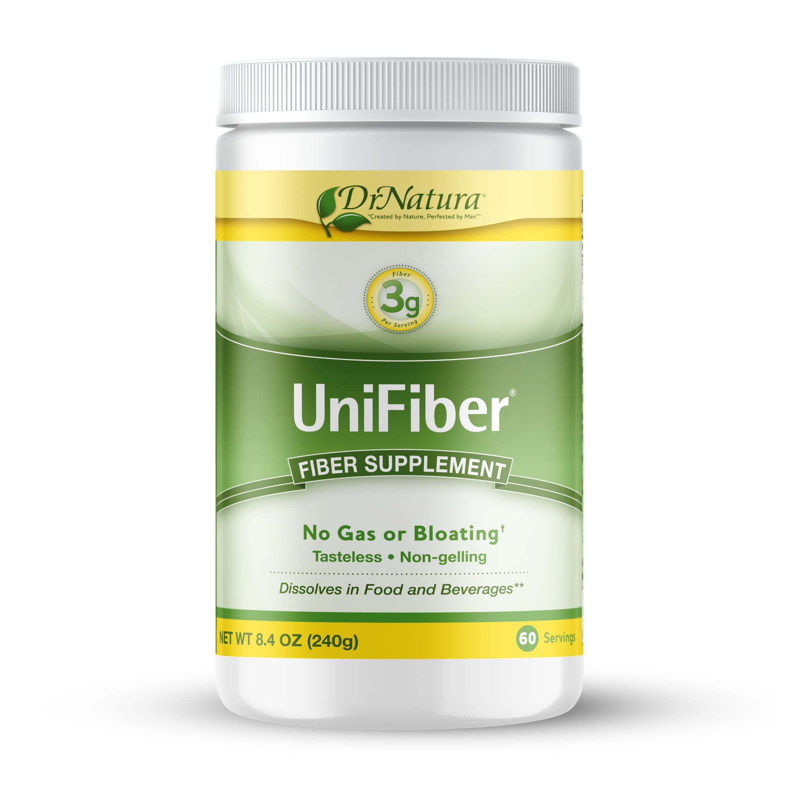 DrNatura Unifiber en polvo con empaque, fibra natural para uso diario.